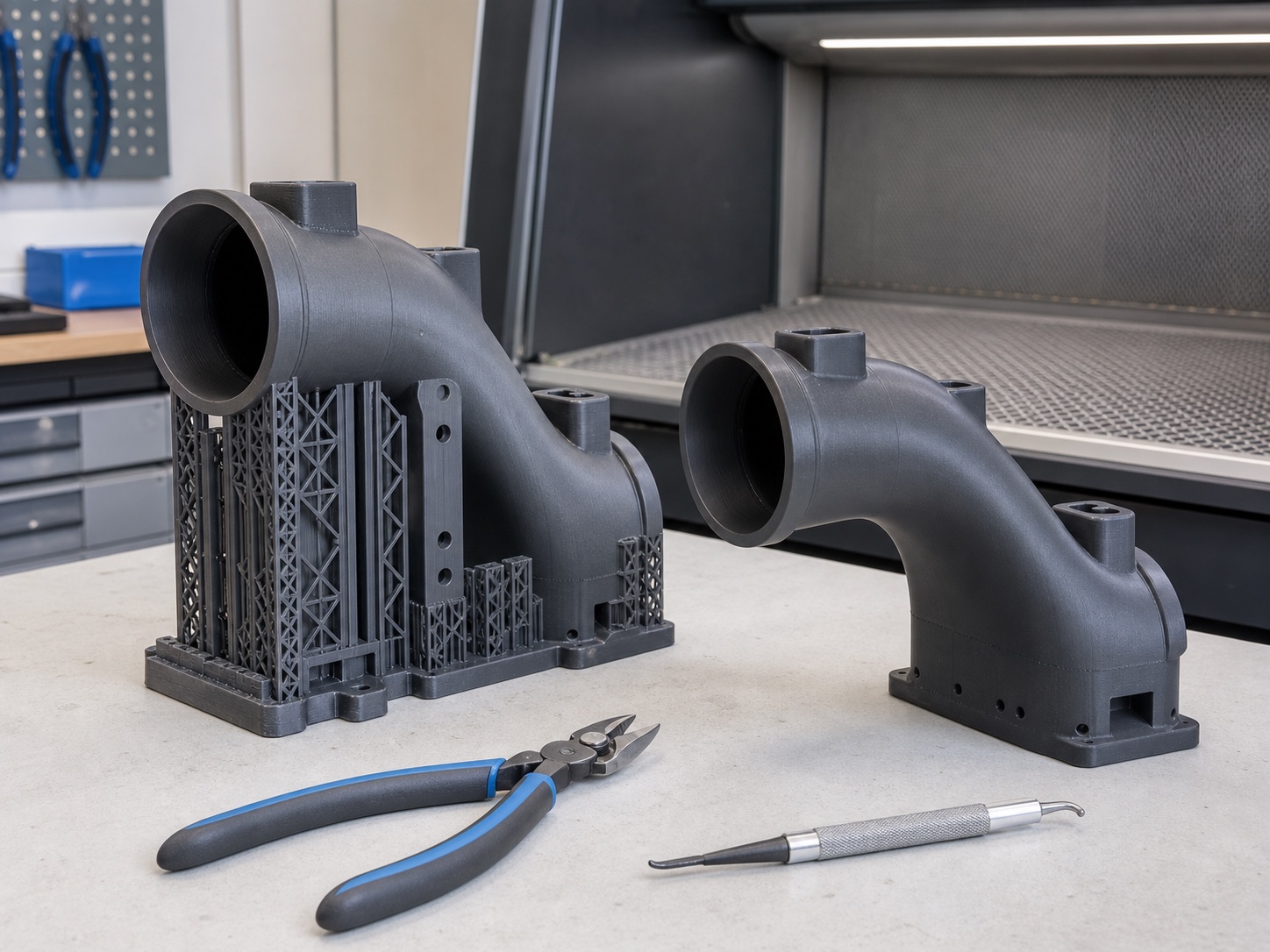 Supported and finished versions of the same printed engineering duct on a post-processing bench