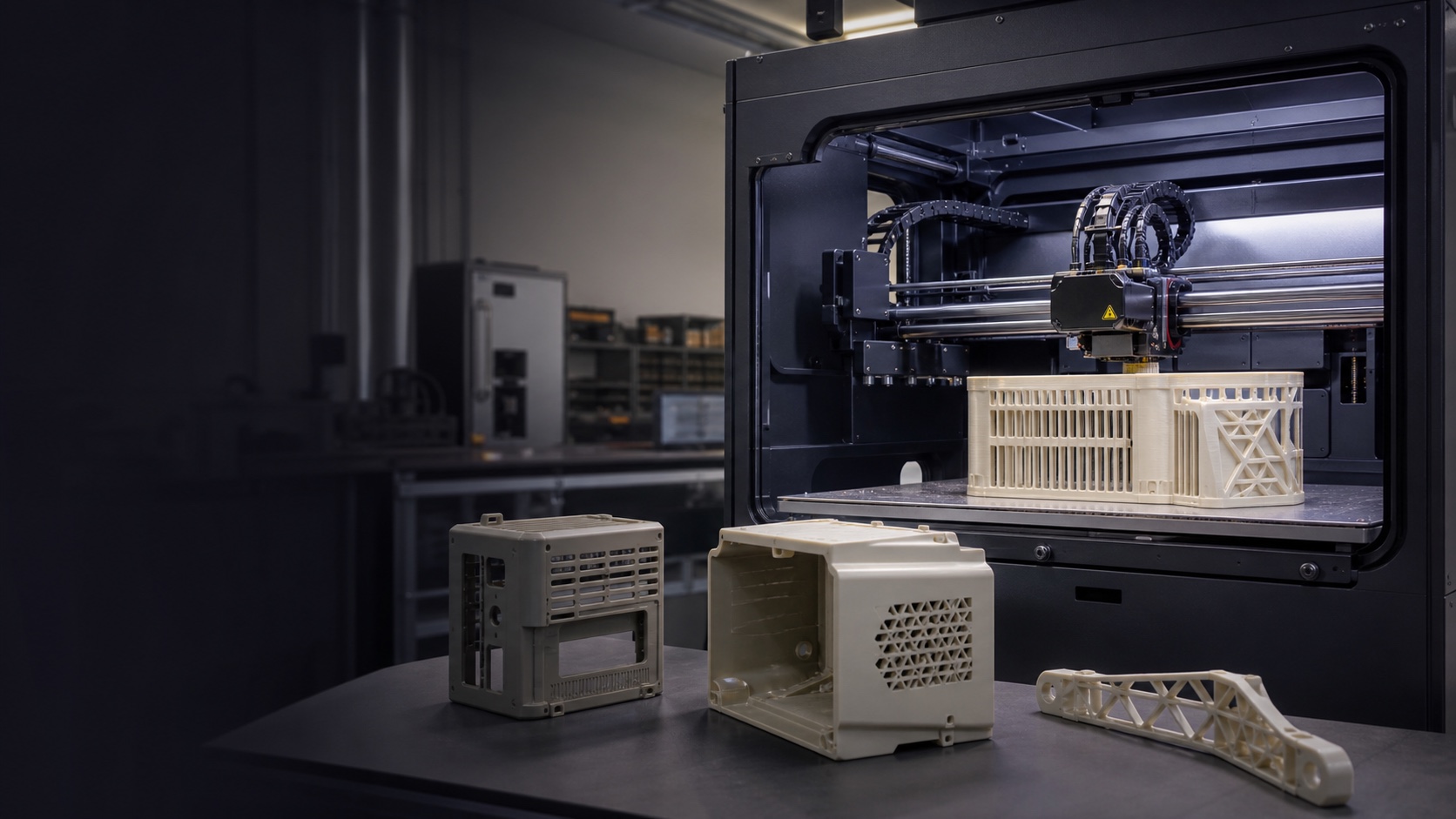 Industrial polymer 3D printer building a ventilated enclosure beside finished printed housings and a lattice component