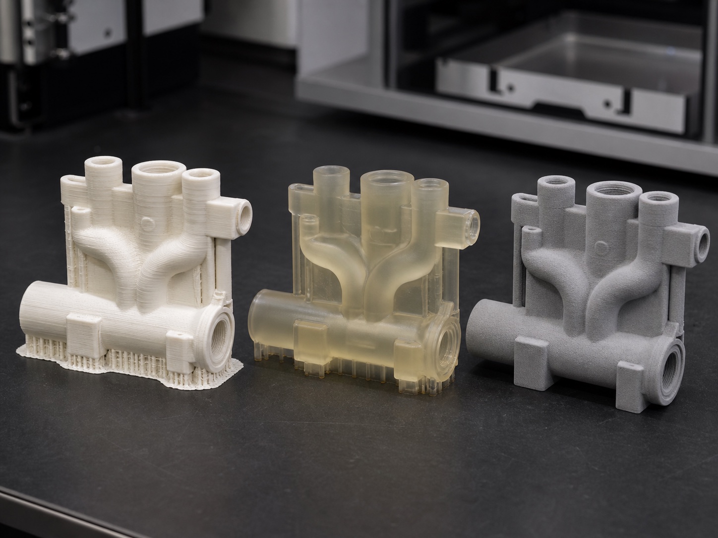 The same fluid manifold represented as extrusion, translucent resin, and powder-bed printed parts