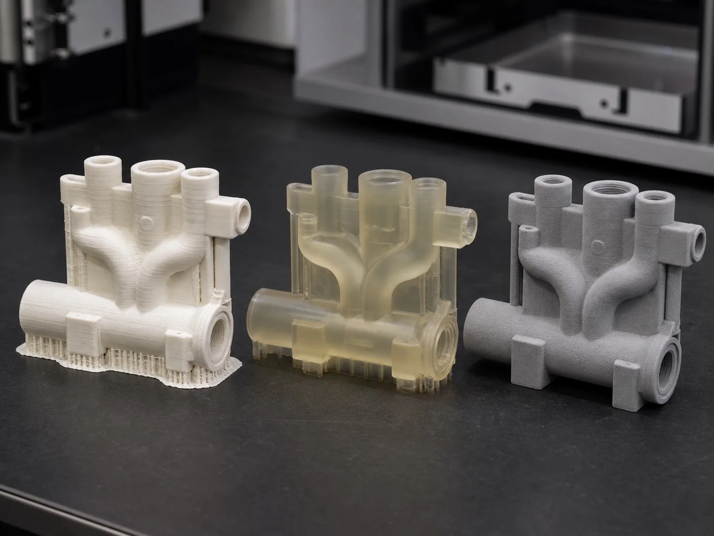 The same fluid manifold represented as extrusion, translucent resin, and powder-bed printed parts