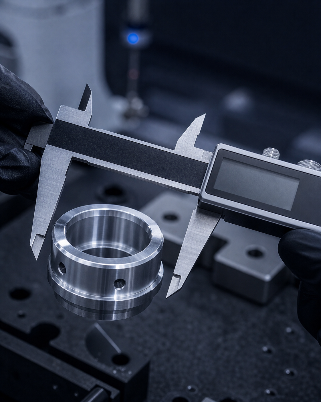 Digital caliper inspecting a machined metal part