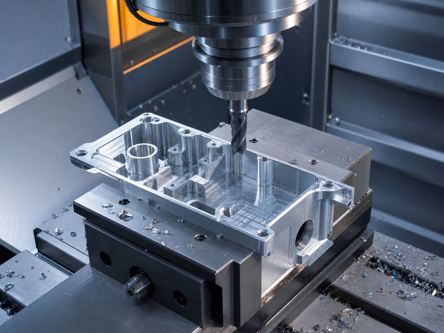 CNC end mill machining pockets and holes in an aluminum housing