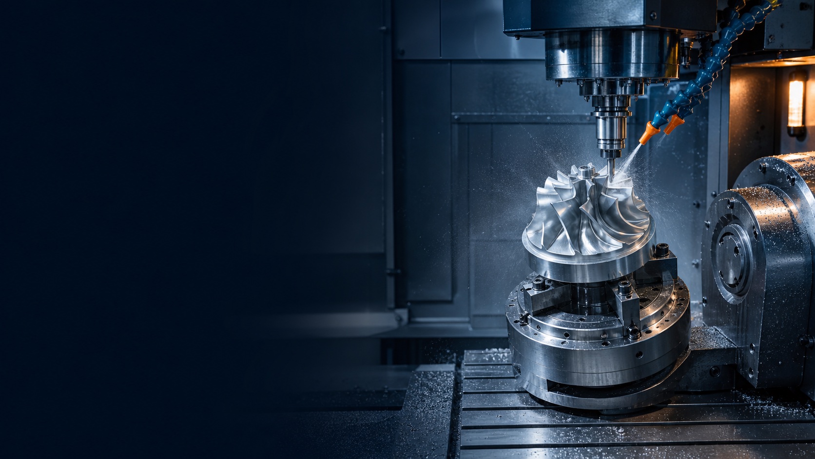 Five-axis CNC machine milling a complex aluminum component