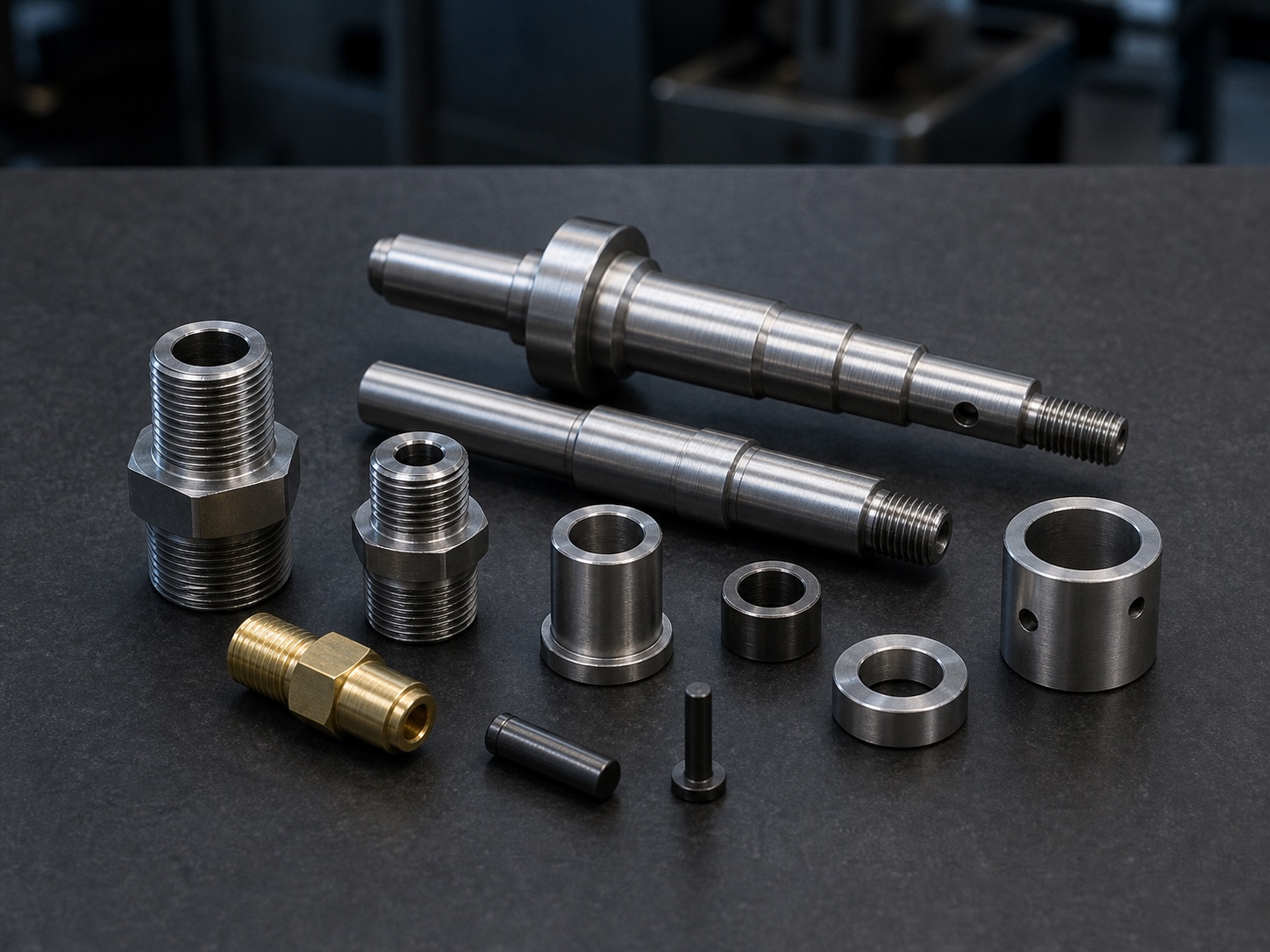 CNC turned shafts, bushings, fittings, and threaded components