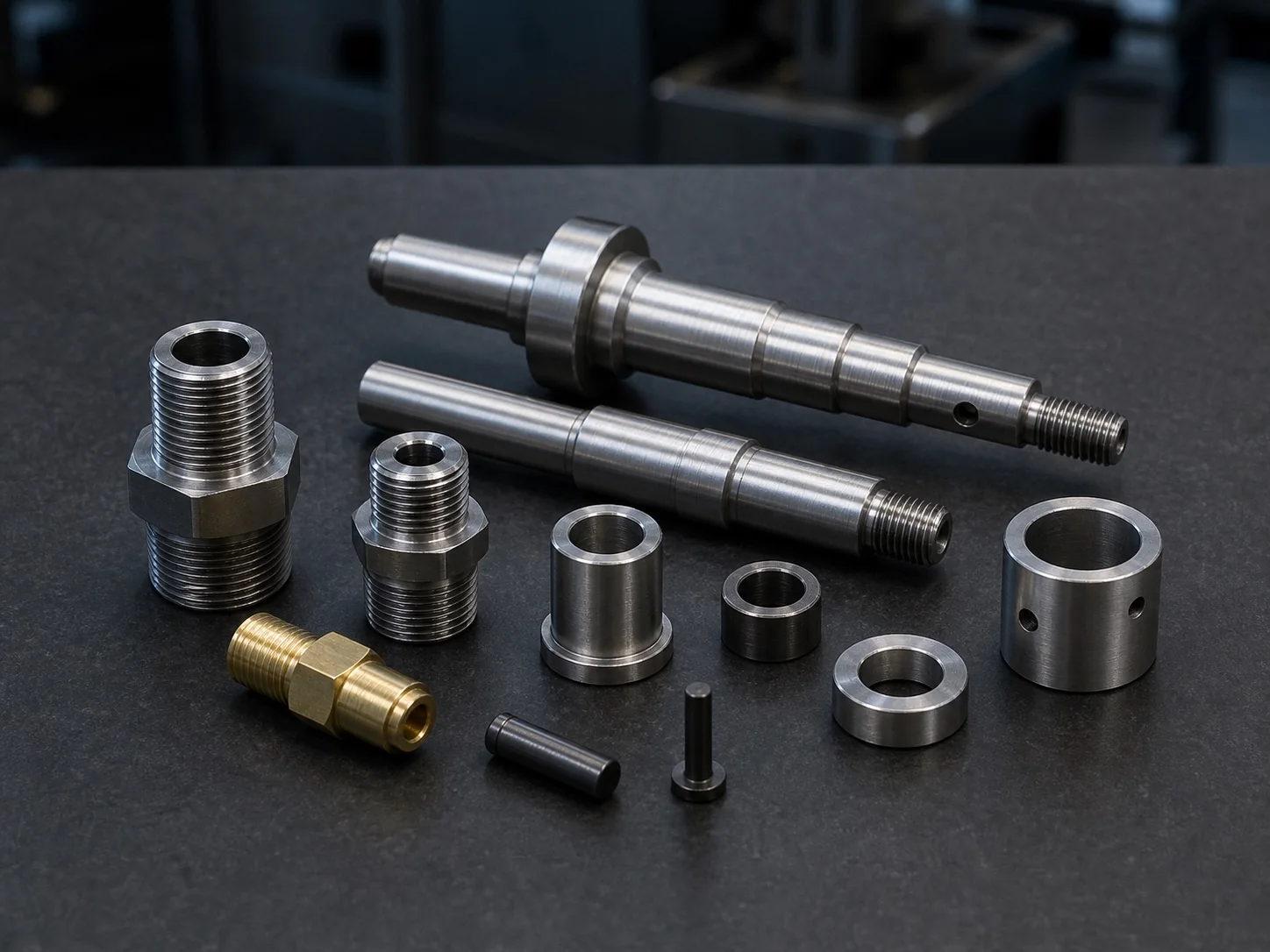 CNC turned shafts, bushings, fittings, and threaded components
