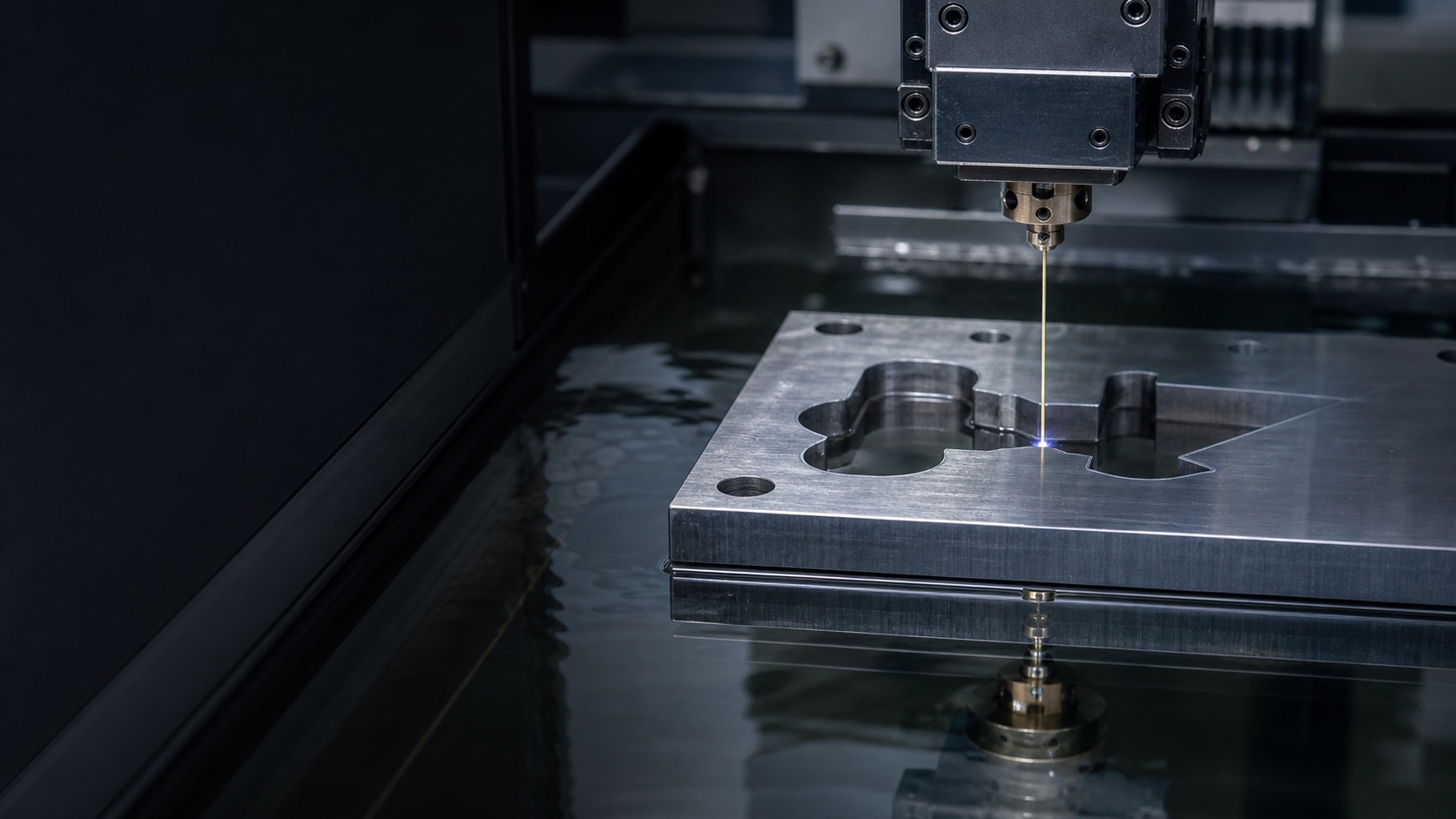 Wire EDM cutting a precision contour through a hardened steel plate