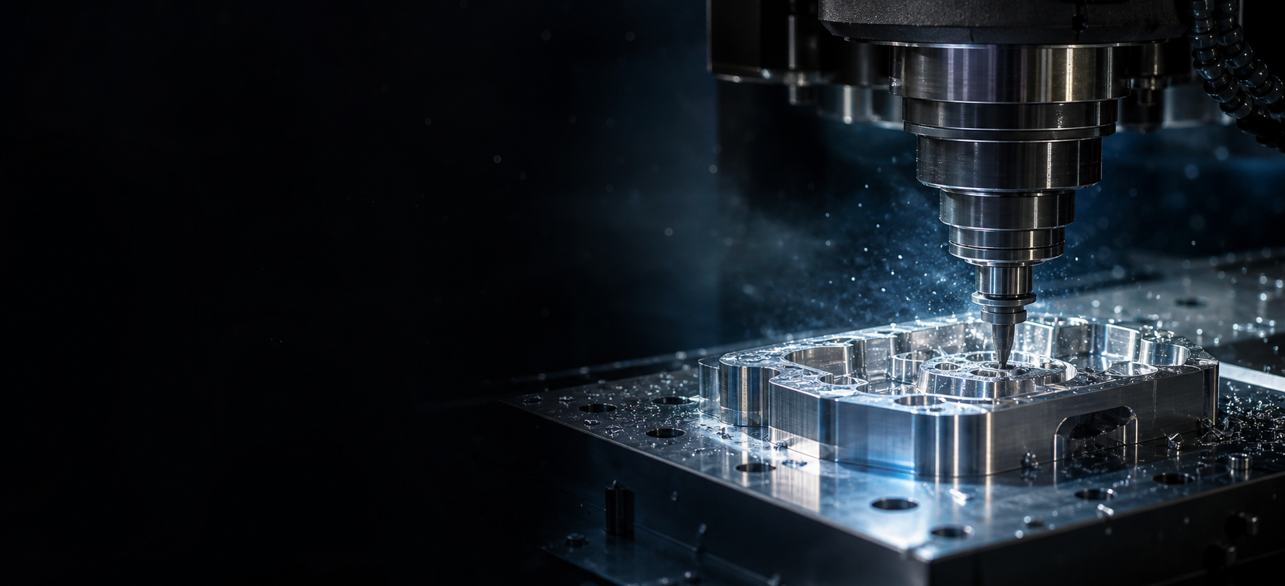 CNC milling machine producing a precision aluminum component