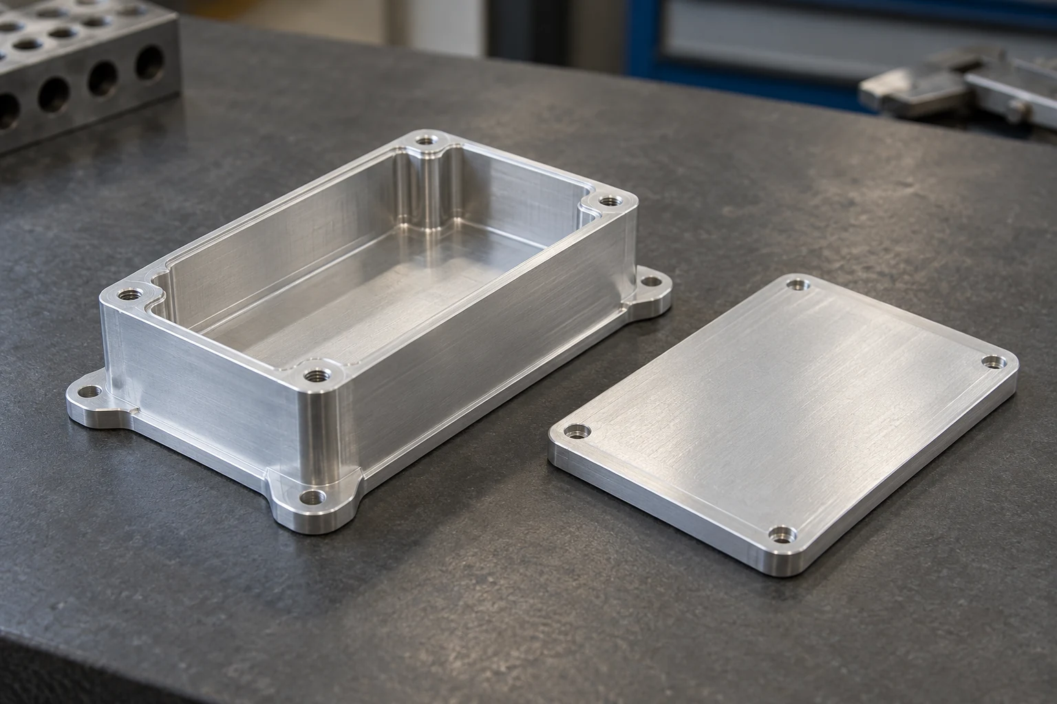 Illustration of a machined aluminum housing and matching lid