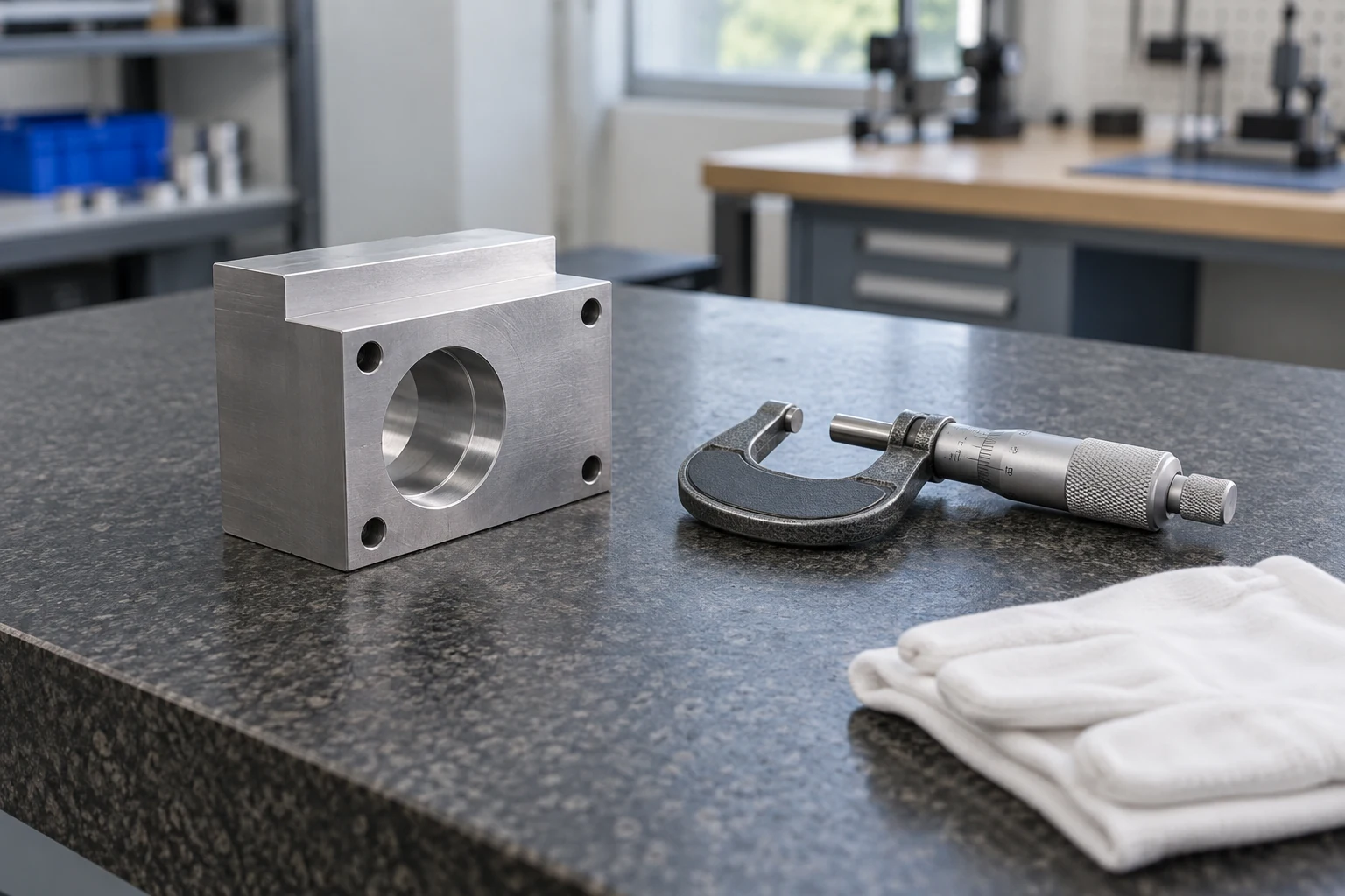 Illustration of a machined part and micrometer on an inspection bench