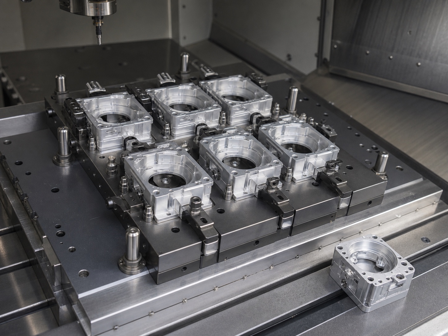 Repeatable modular fixture holding six machined aluminum housings