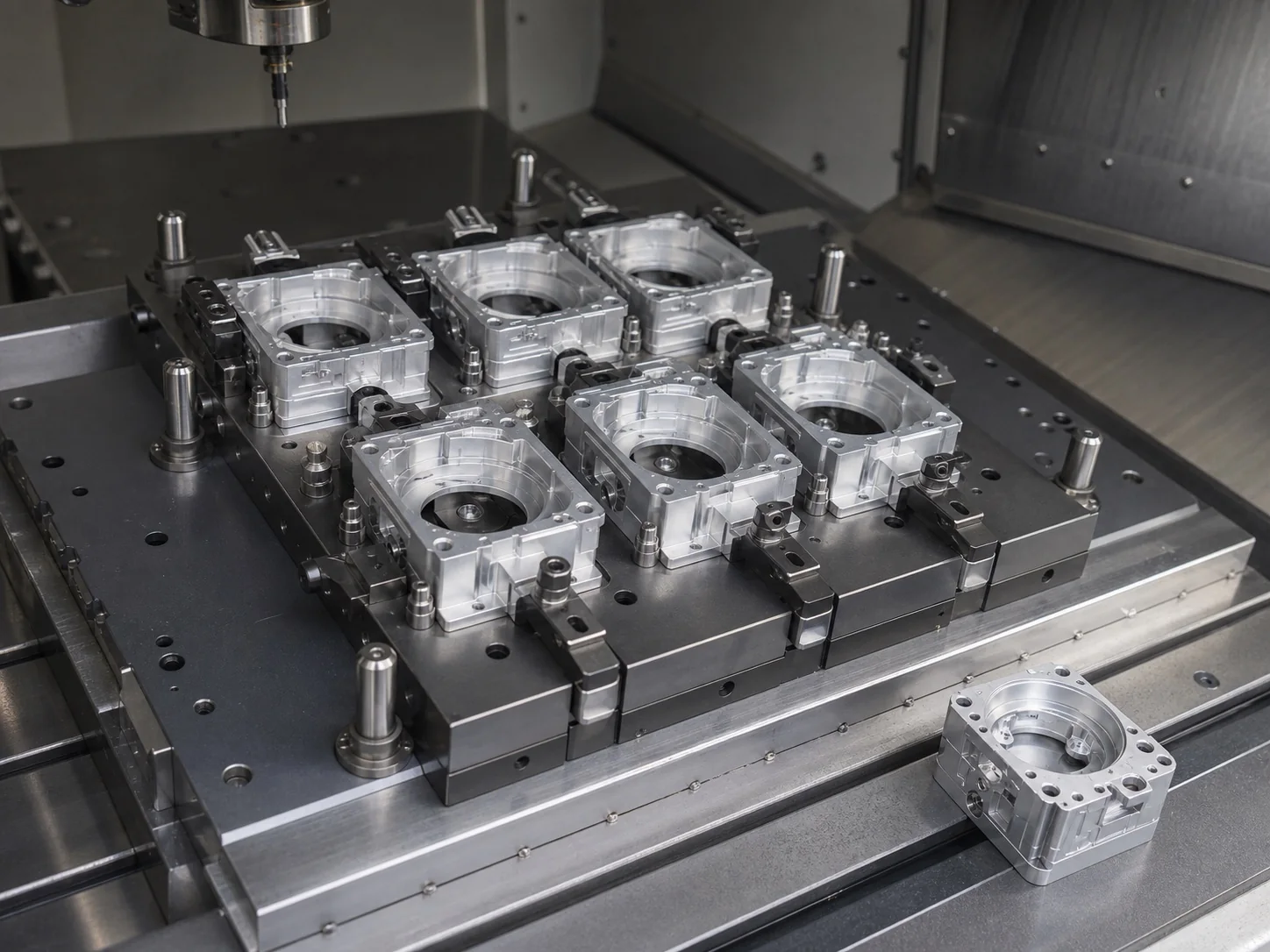 Repeatable modular fixture holding six machined aluminum housings