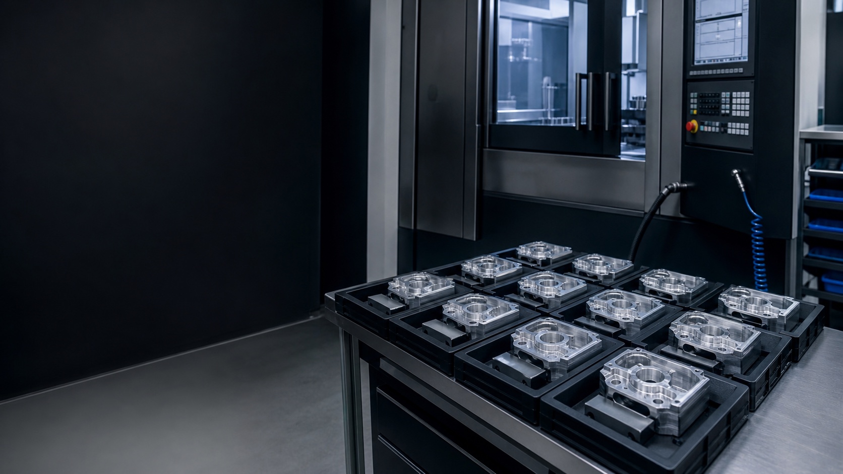 Organized small batch of machined aluminum housings beside a CNC machine