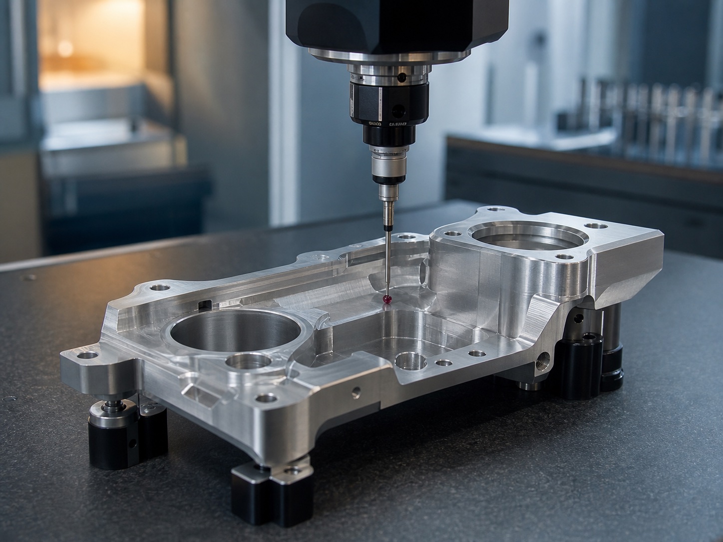Coordinate measurement probe checking a complex machined aluminum component
