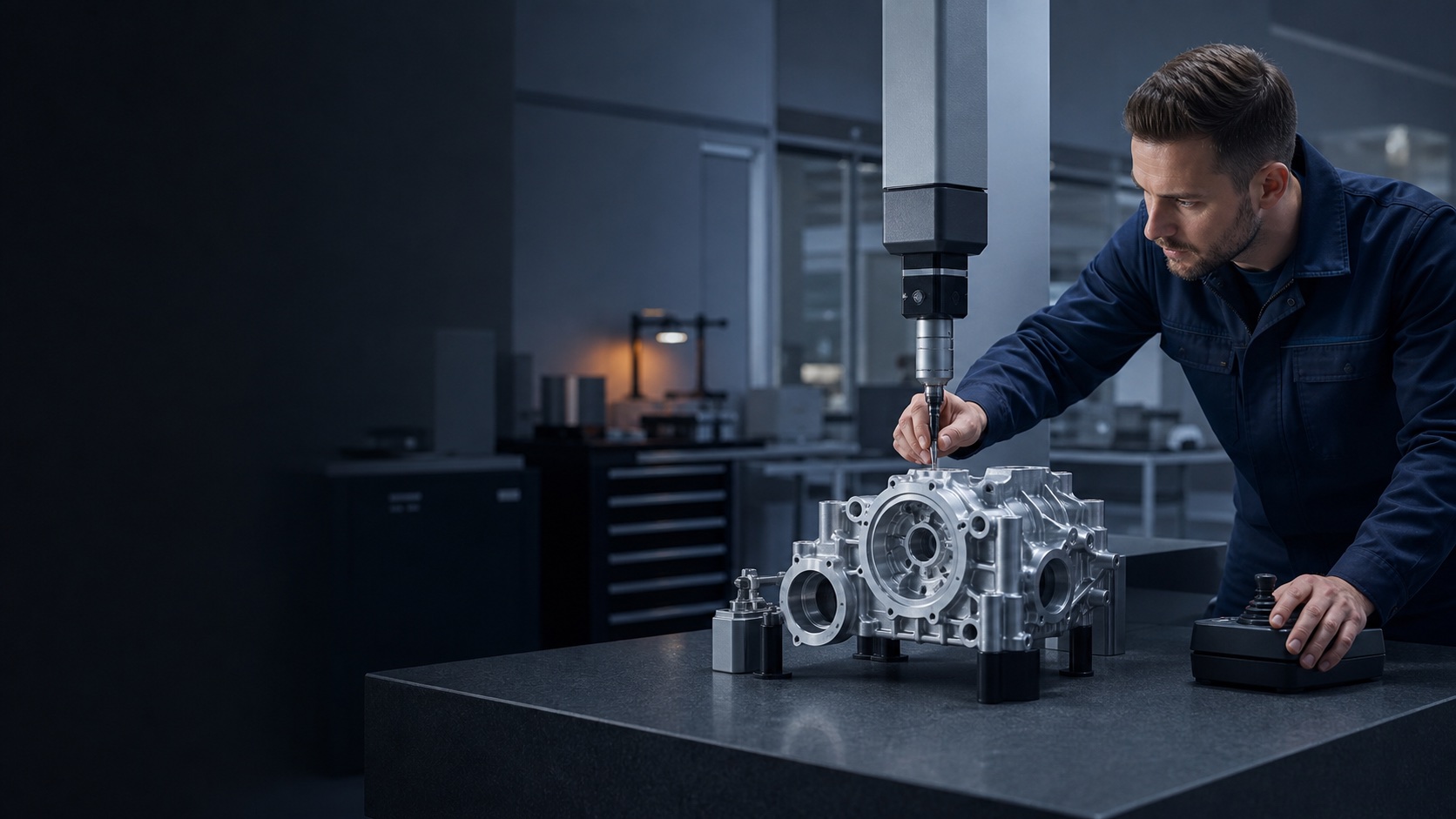 Quality technician inspecting a precision machined component in a metrology laboratory