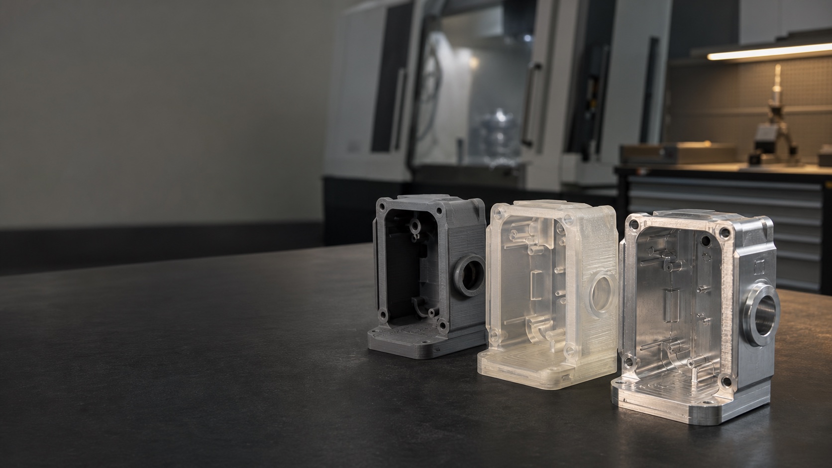 Three iterations of the same enclosure progressing from additive prototypes to a machined aluminum prototype