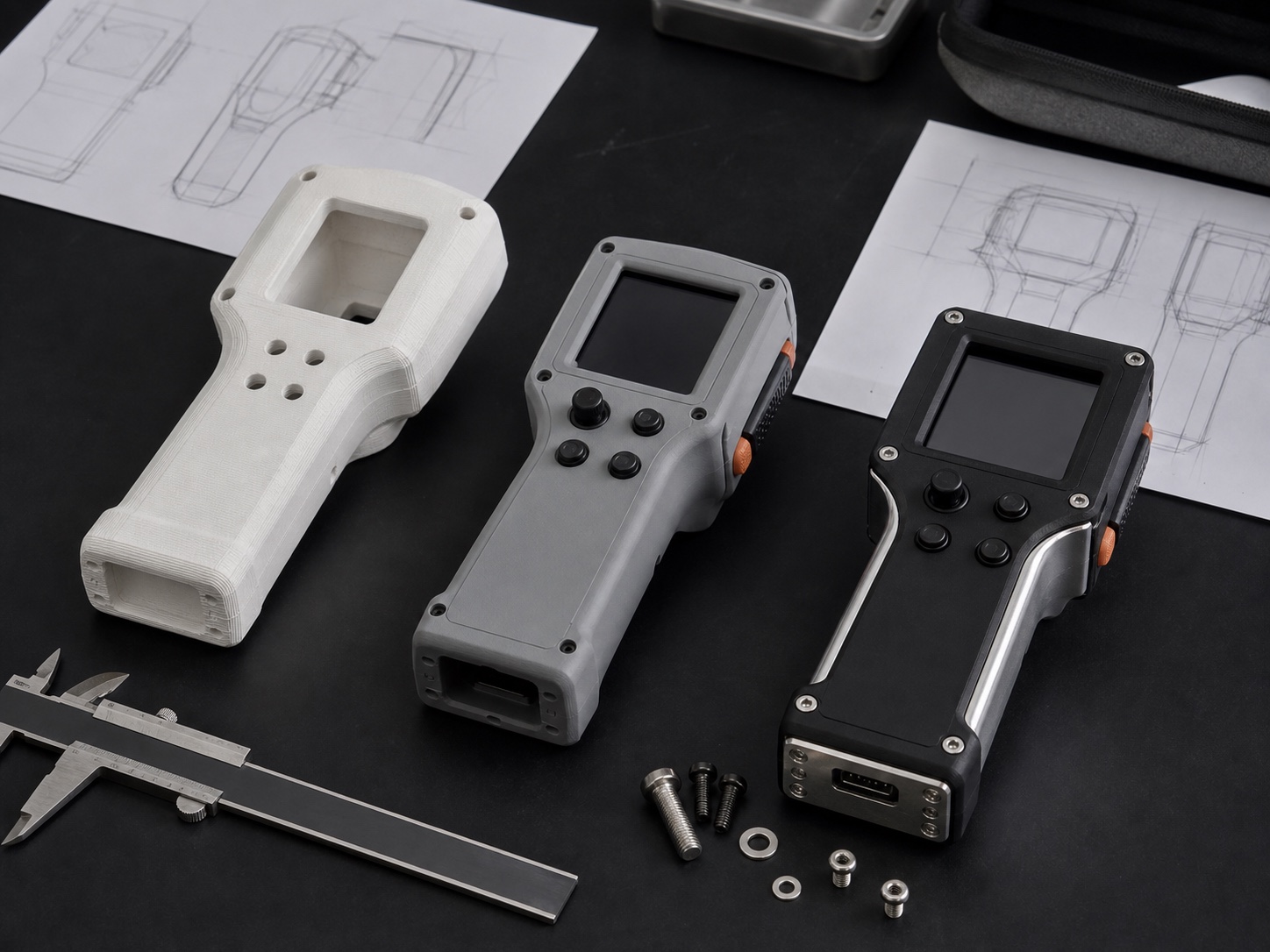 Three related controller prototypes showing concept, refined, and production-intent stages