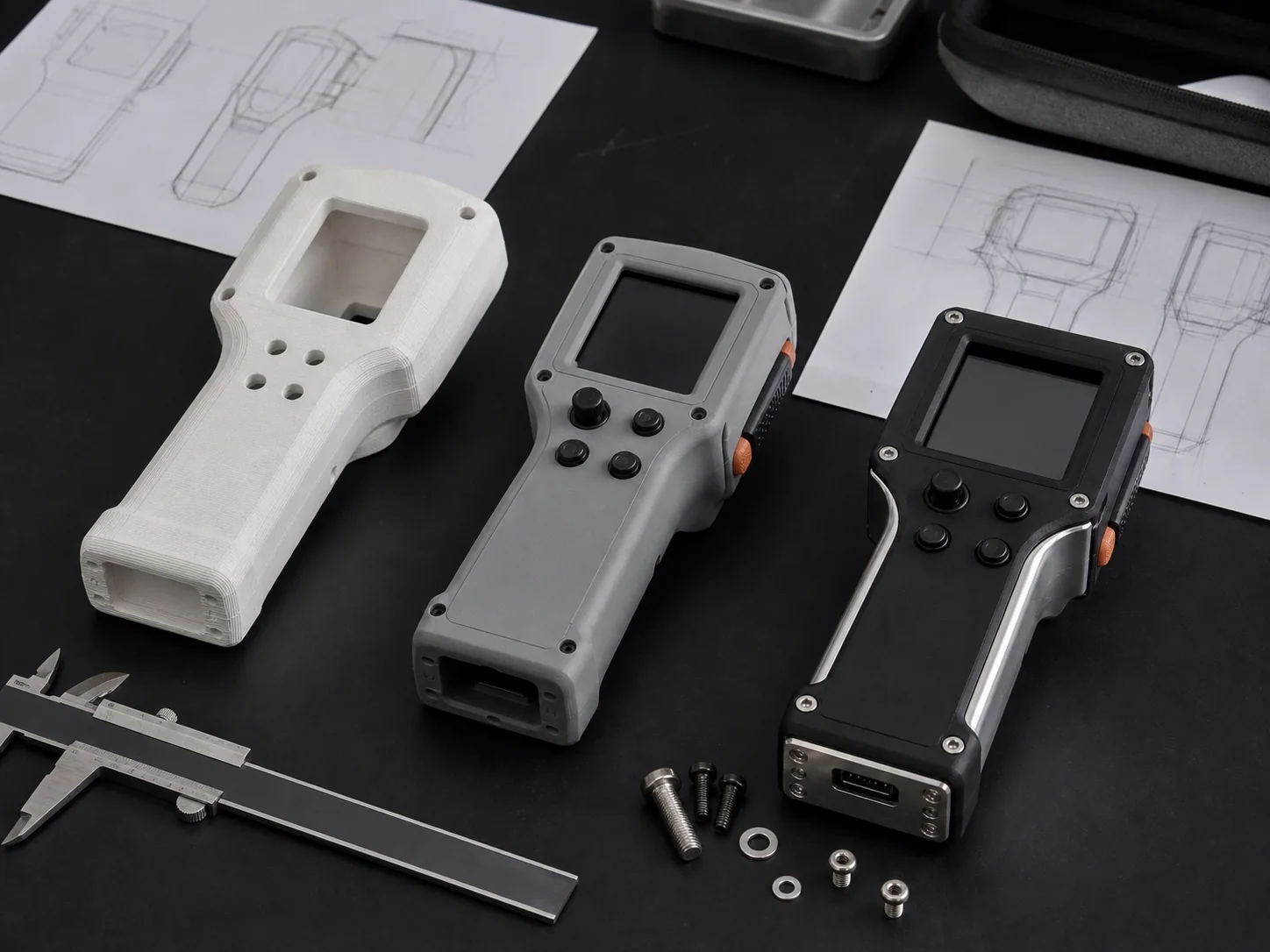 Three related controller prototypes showing concept, refined, and production-intent stages