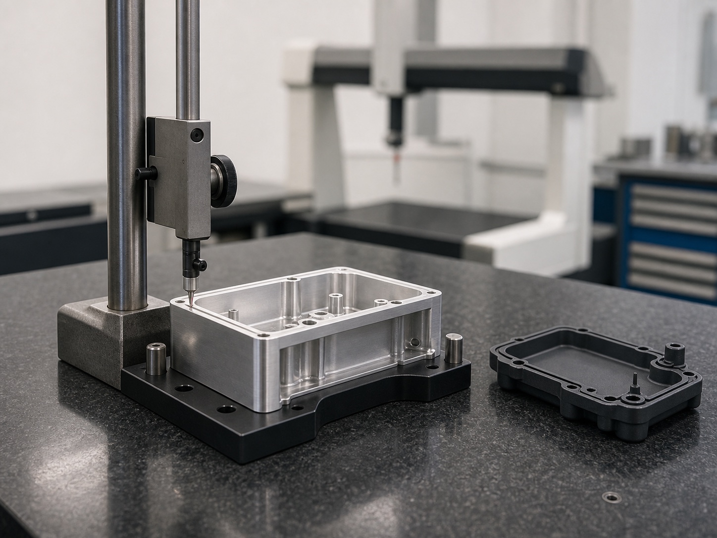 Machined prototype enclosure checked in a fixture on a granite inspection table