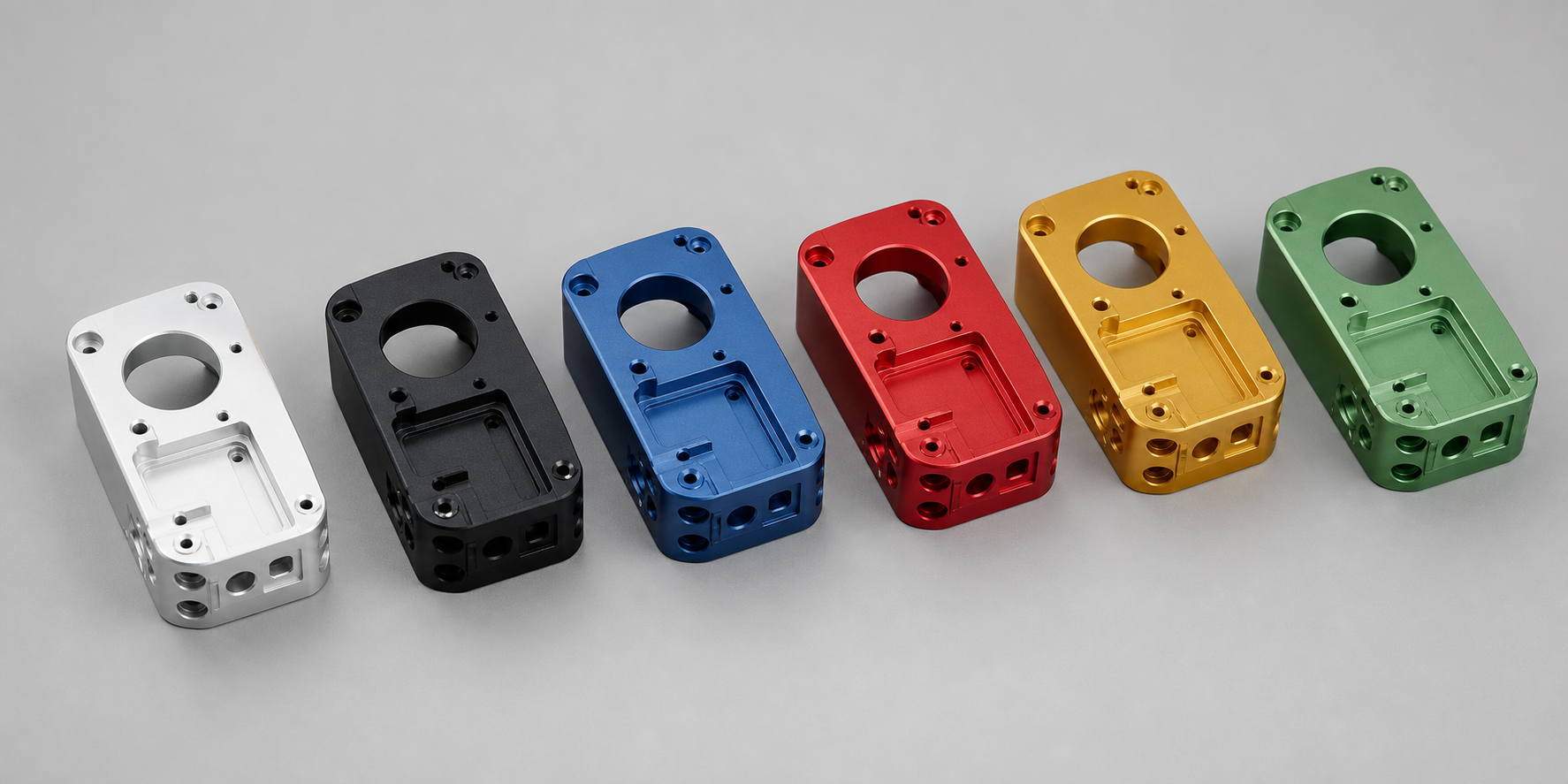 Matching aluminum housings in clear, black, blue, red, gold, and green anodized finishes