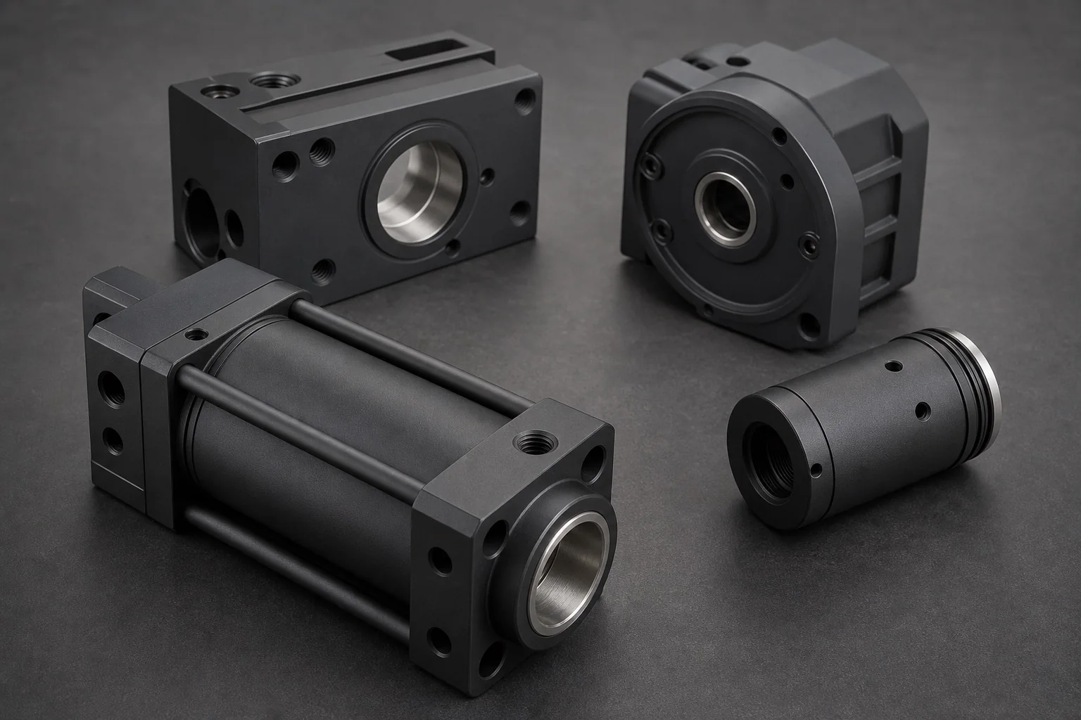 Dark hard-anodized precision housings and cylinders with masked metal bores