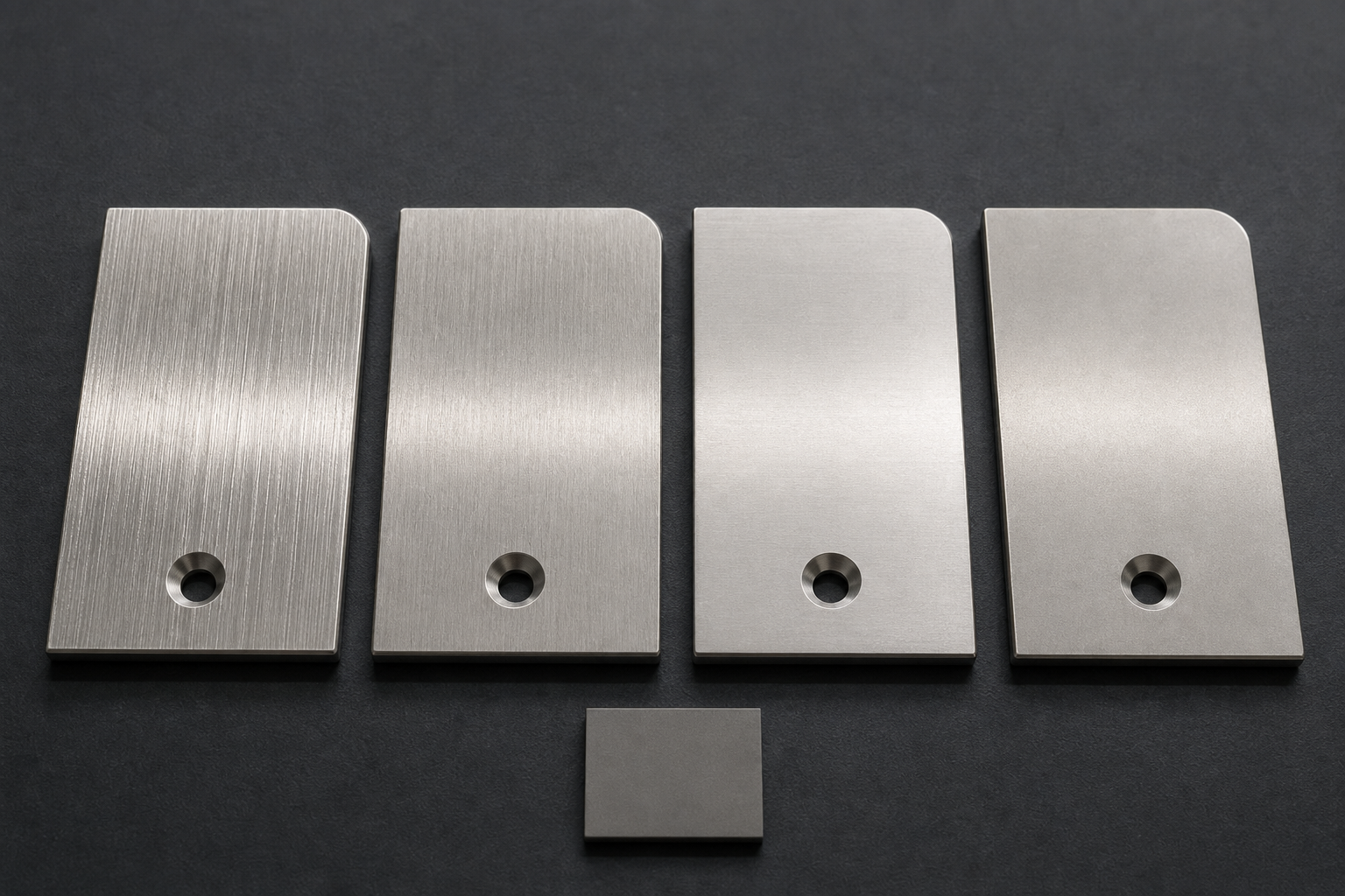 Four identical stainless steel panels with coarse linear, medium brushed, fine hairline, and soft satin finishes