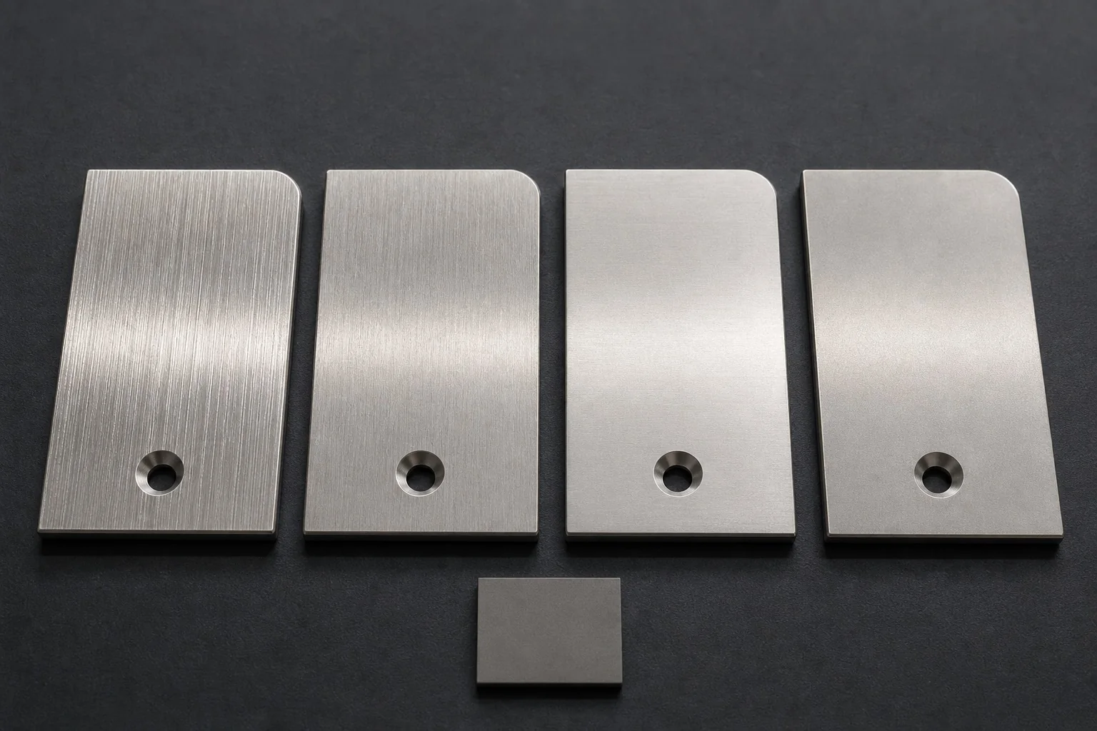 Four identical stainless steel panels with coarse linear, medium brushed, fine hairline, and soft satin finishes