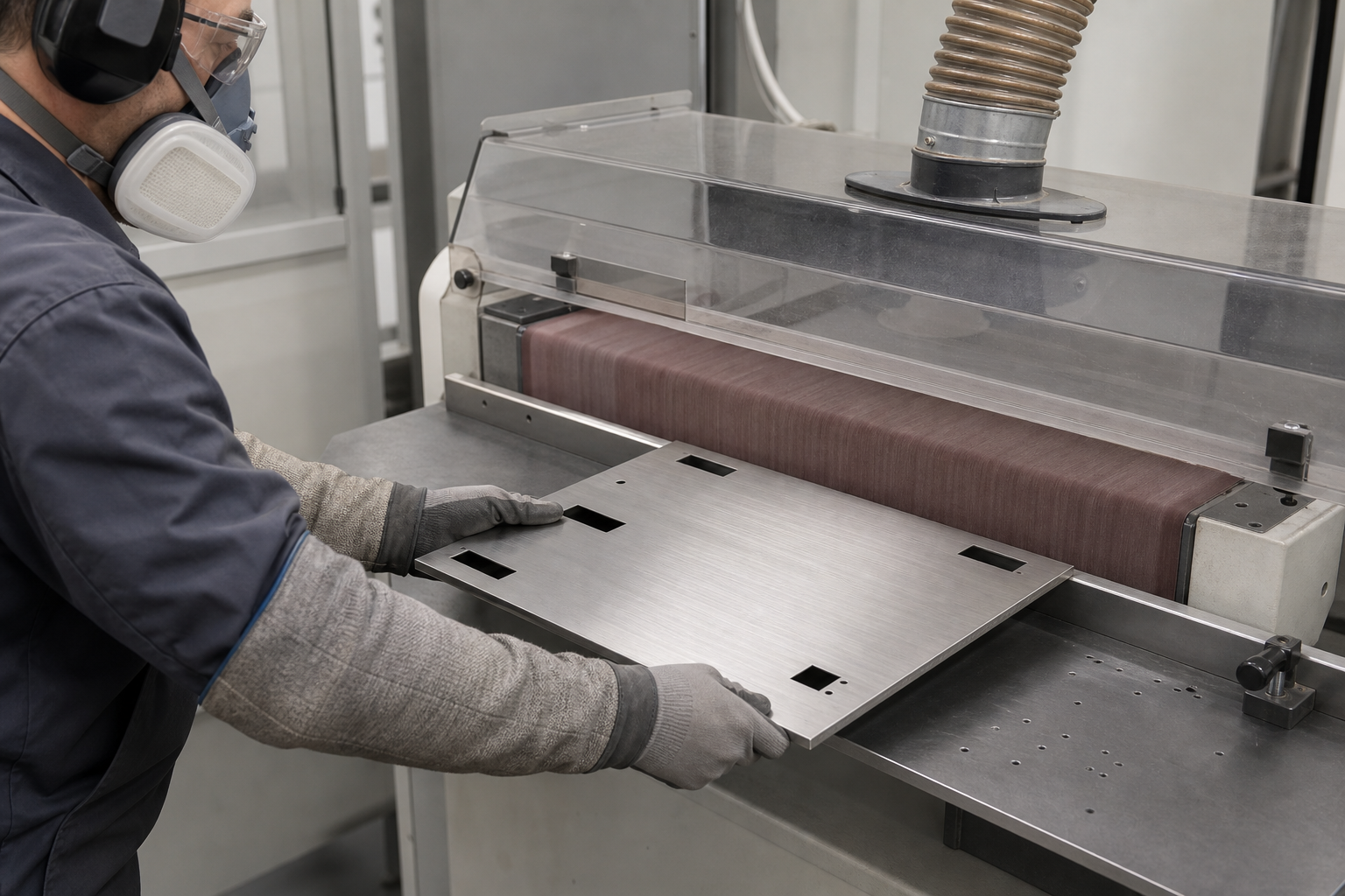 Protected operator guiding a stainless enclosure panel through a guarded wide abrasive-belt brushing machine