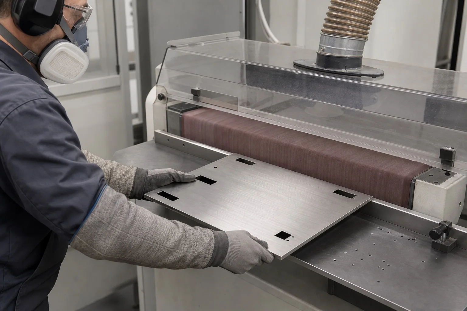 Protected operator guiding a stainless enclosure panel through a guarded wide abrasive-belt brushing machine