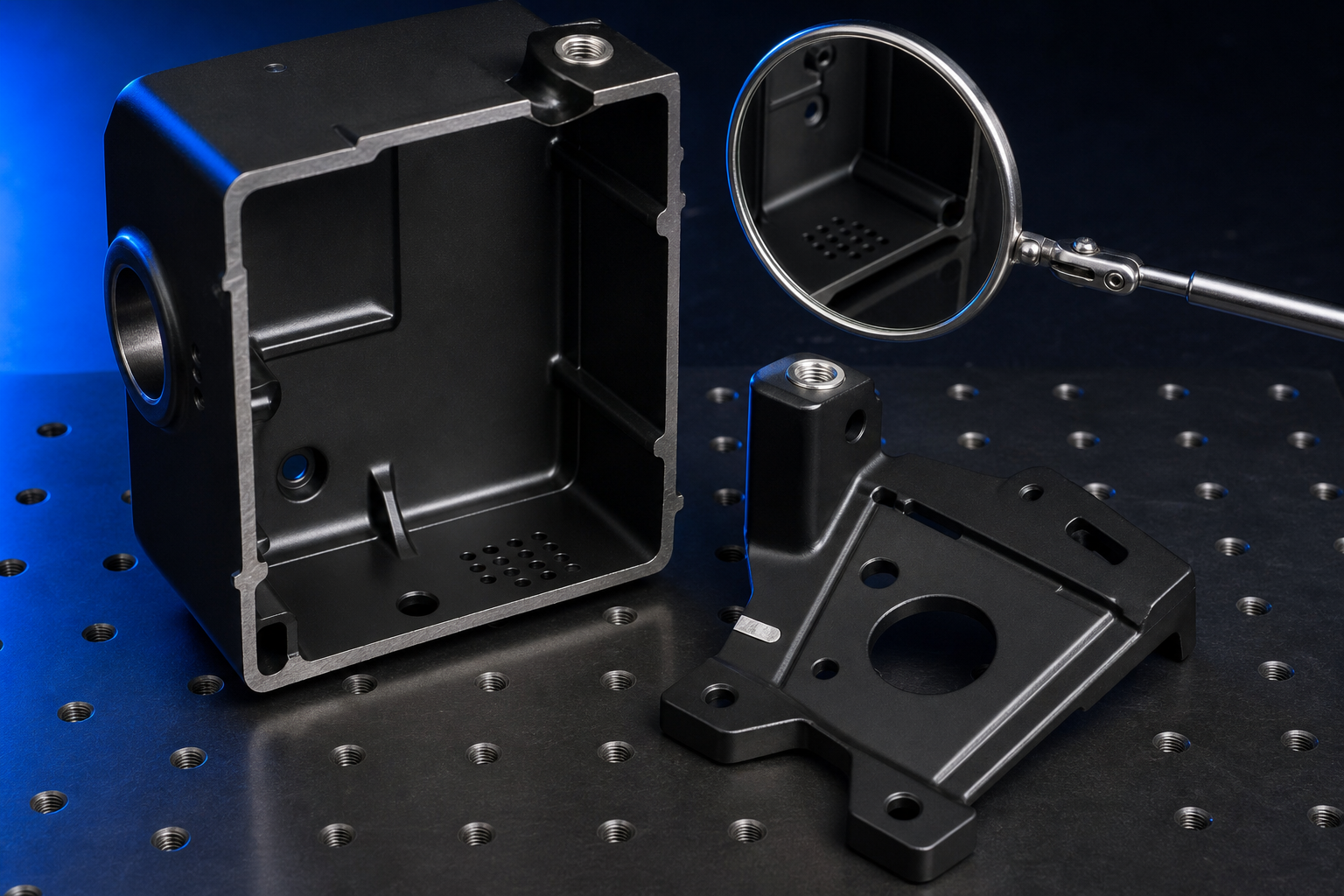 Black E-coated cutaway housing and bracket showing accessible cavity coverage, drain holes, masked threads, and contact areas