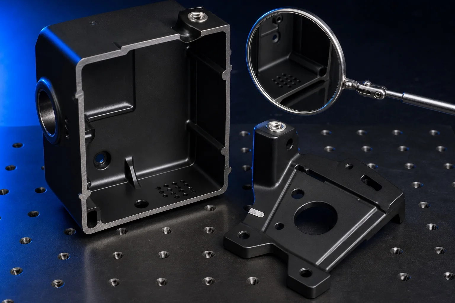 Black E-coated cutaway housing and bracket showing accessible cavity coverage, drain holes, masked threads, and contact areas