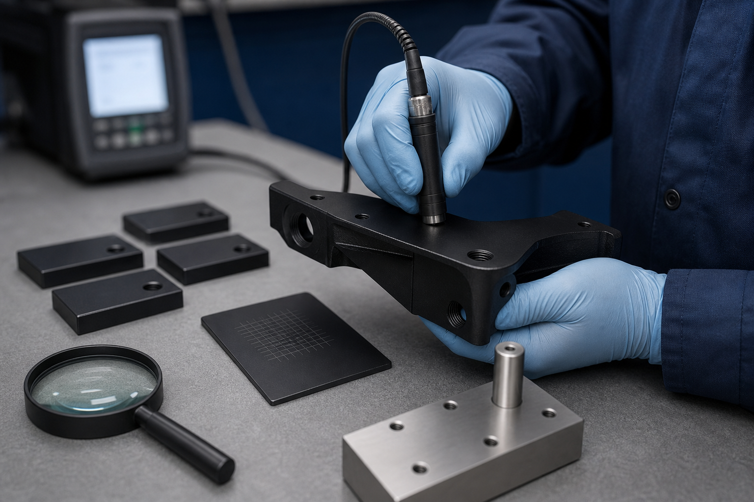 Technician measuring the coating thickness of a black E-coated bracket beside cured inspection coupons