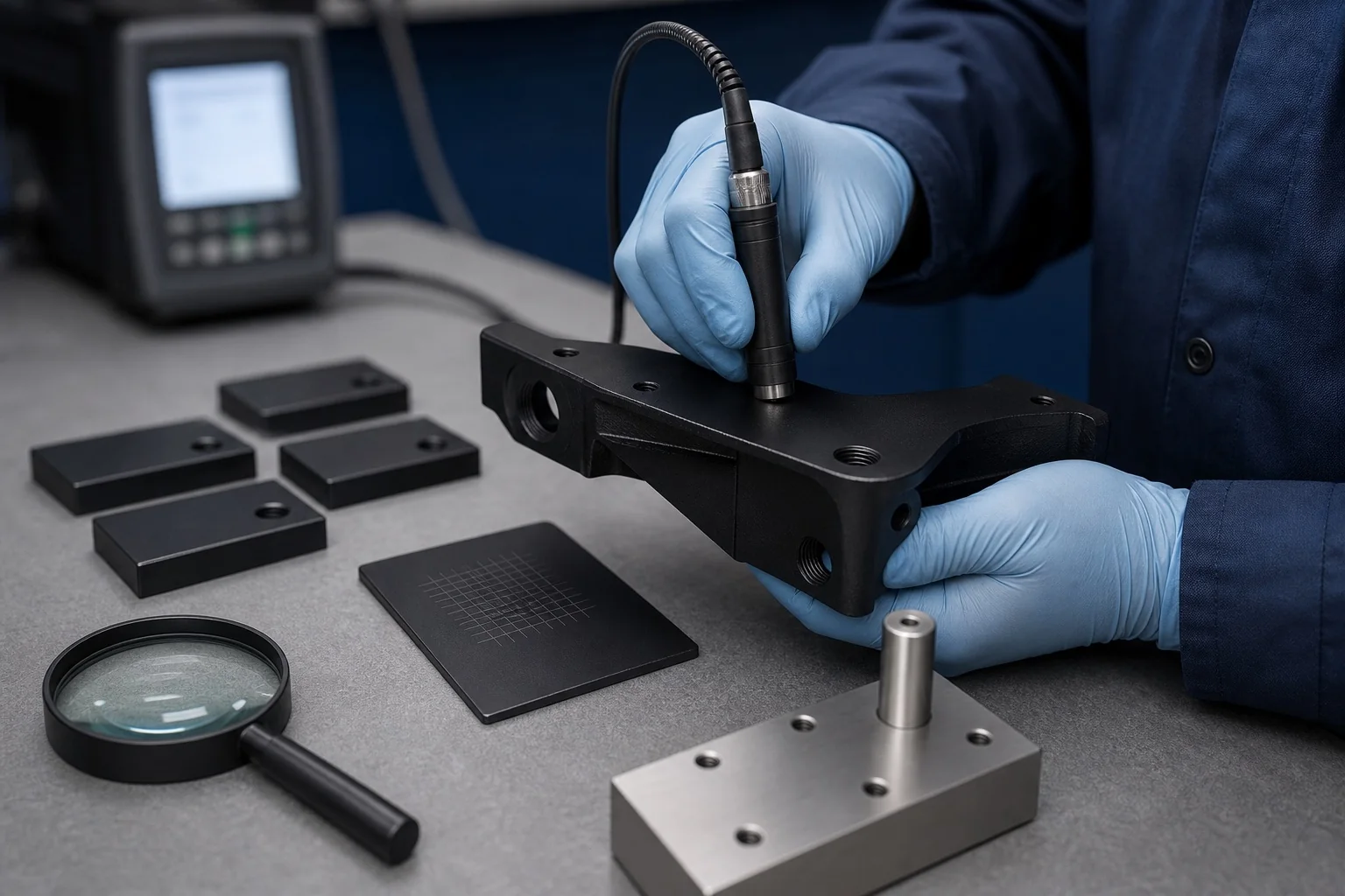 Technician measuring the coating thickness of a black E-coated bracket beside cured inspection coupons