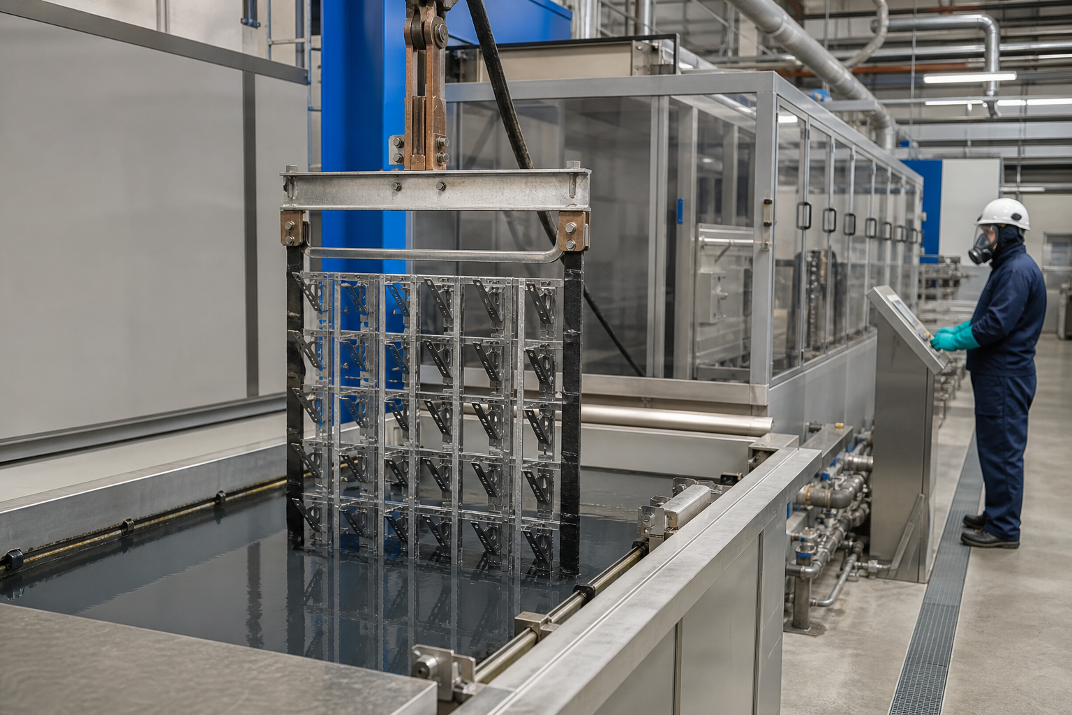 Conductive rack of metal brackets entering a clean electrophoretic coating immersion tank