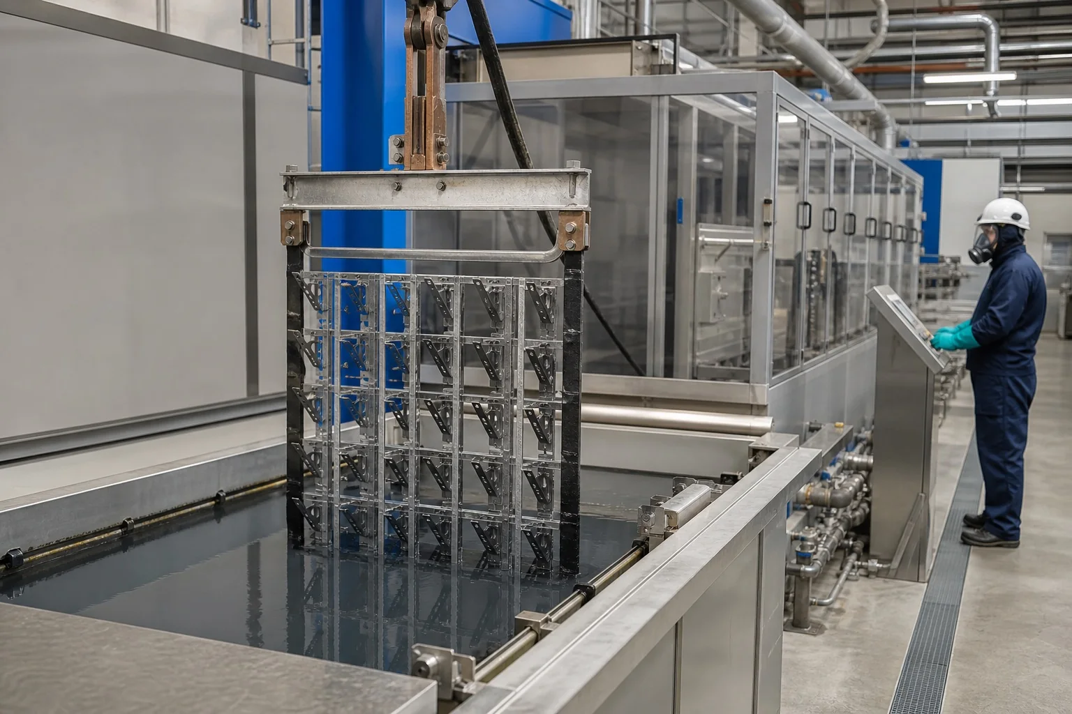 Conductive rack of metal brackets entering a clean electrophoretic coating immersion tank
