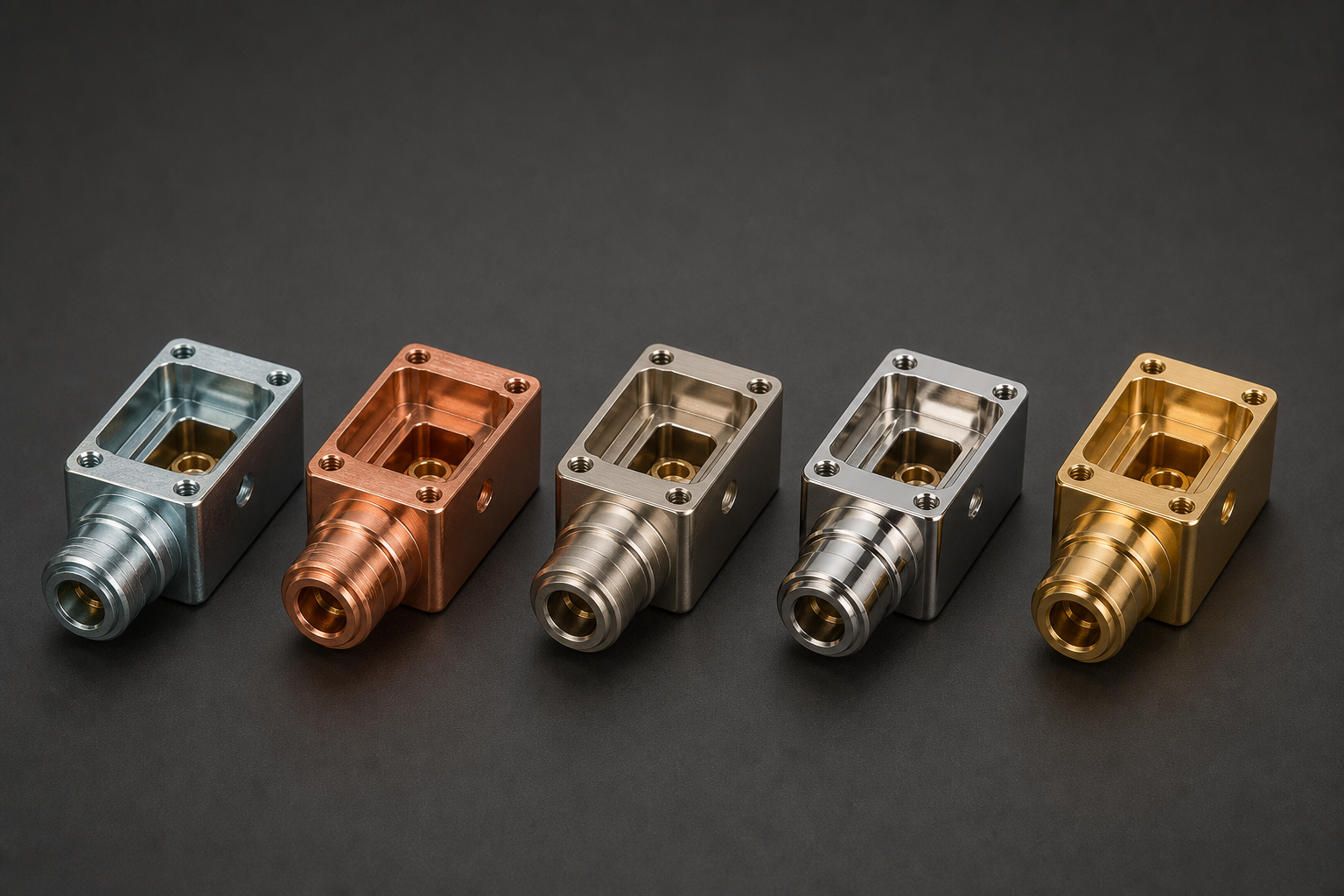 Five identical connector housings with zinc, copper, satin nickel, bright nickel, and gold-tone plated finishes