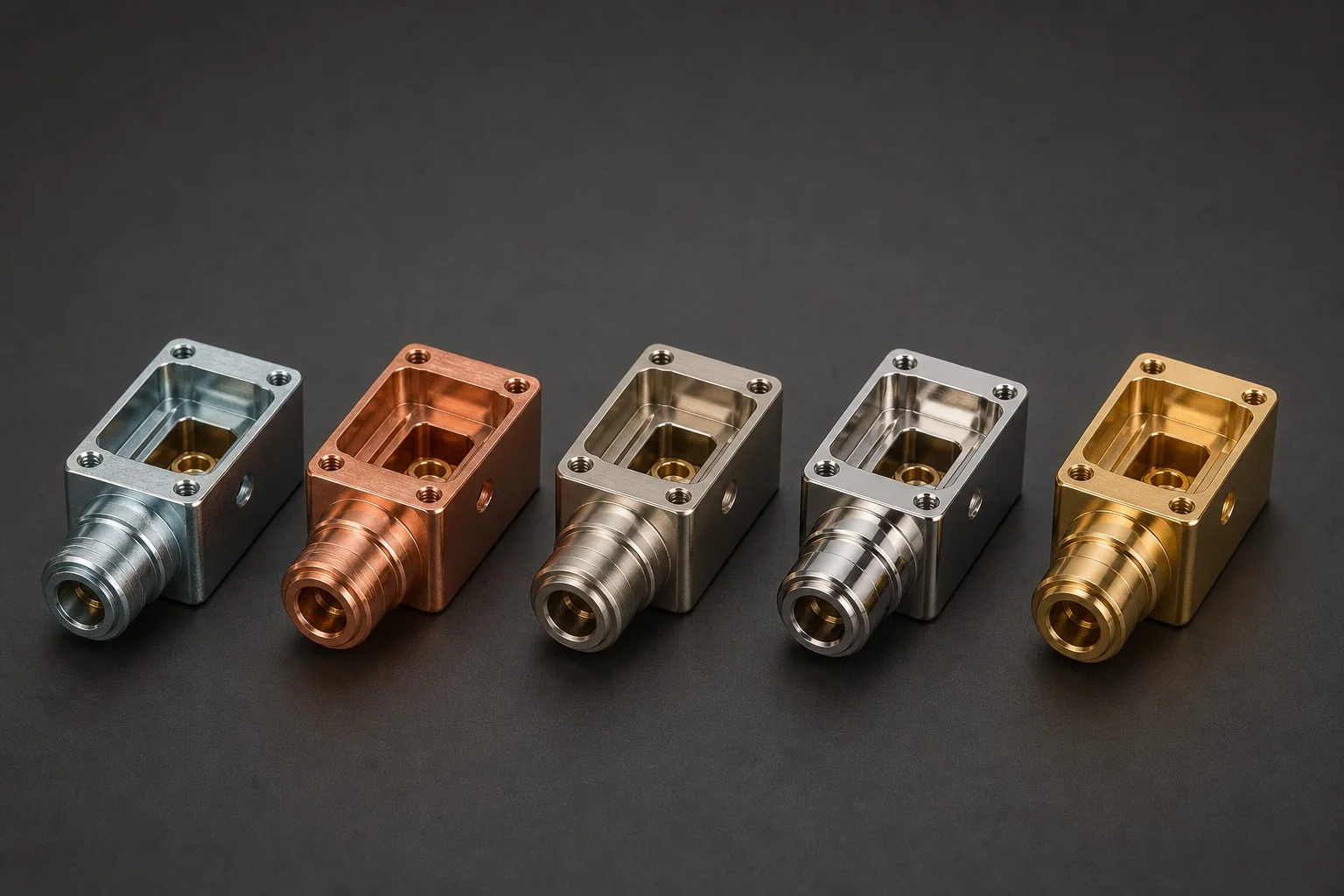 Five identical connector housings with zinc, copper, satin nickel, bright nickel, and gold-tone plated finishes