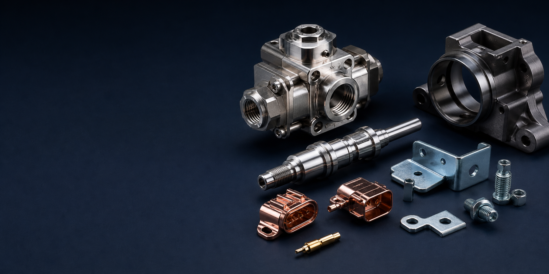 Precision components with nickel, zinc, copper, gold-contact, and dark metallic electroplated finishes