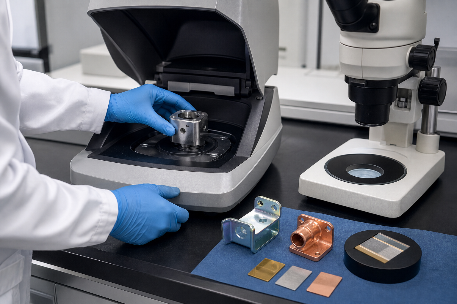 Technician measuring a plated housing with a coating-thickness analyzer beside plated samples and a metallographic cross-section
