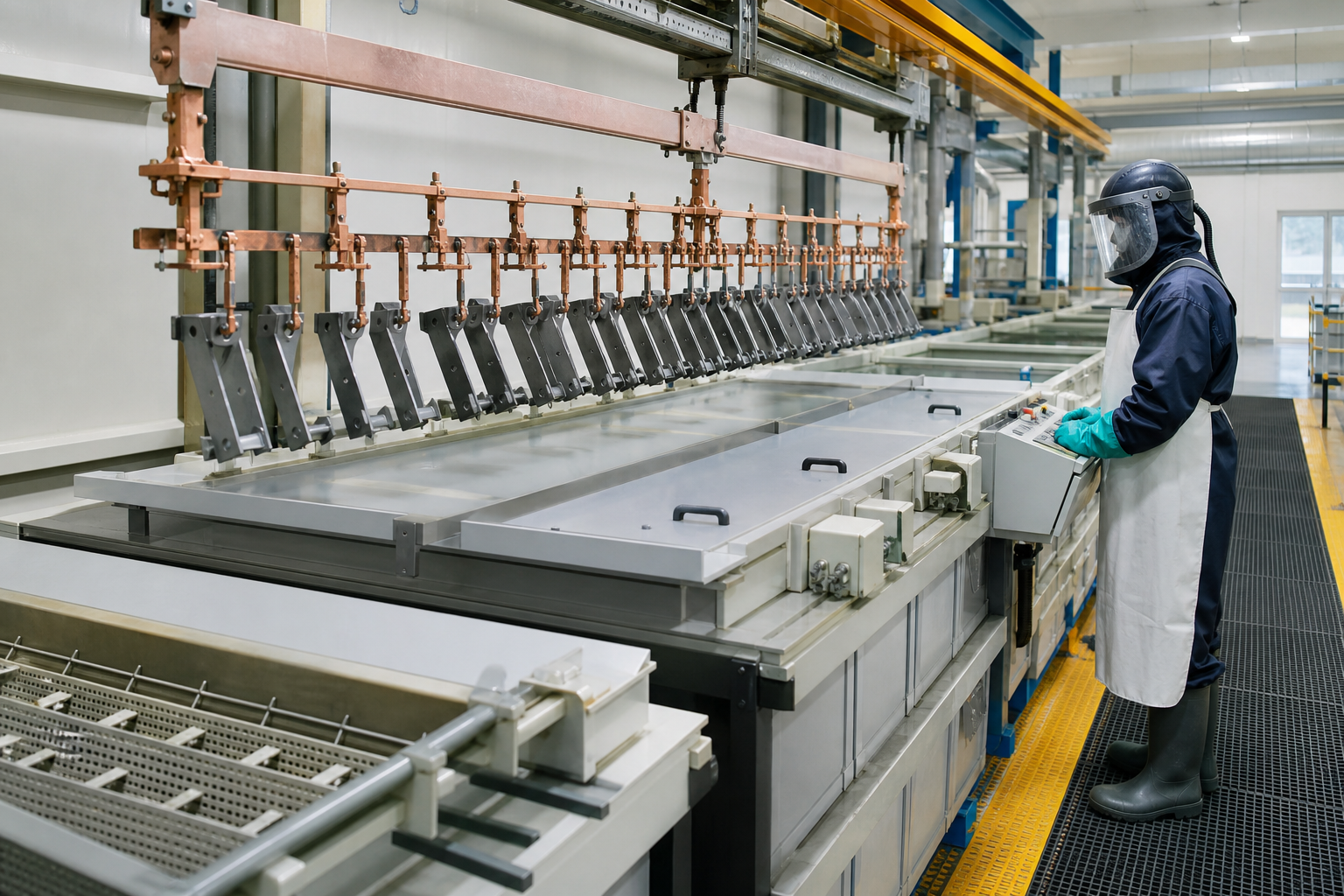 Copper rack carrying precision brackets above a covered automated electroplating line with a protected operator