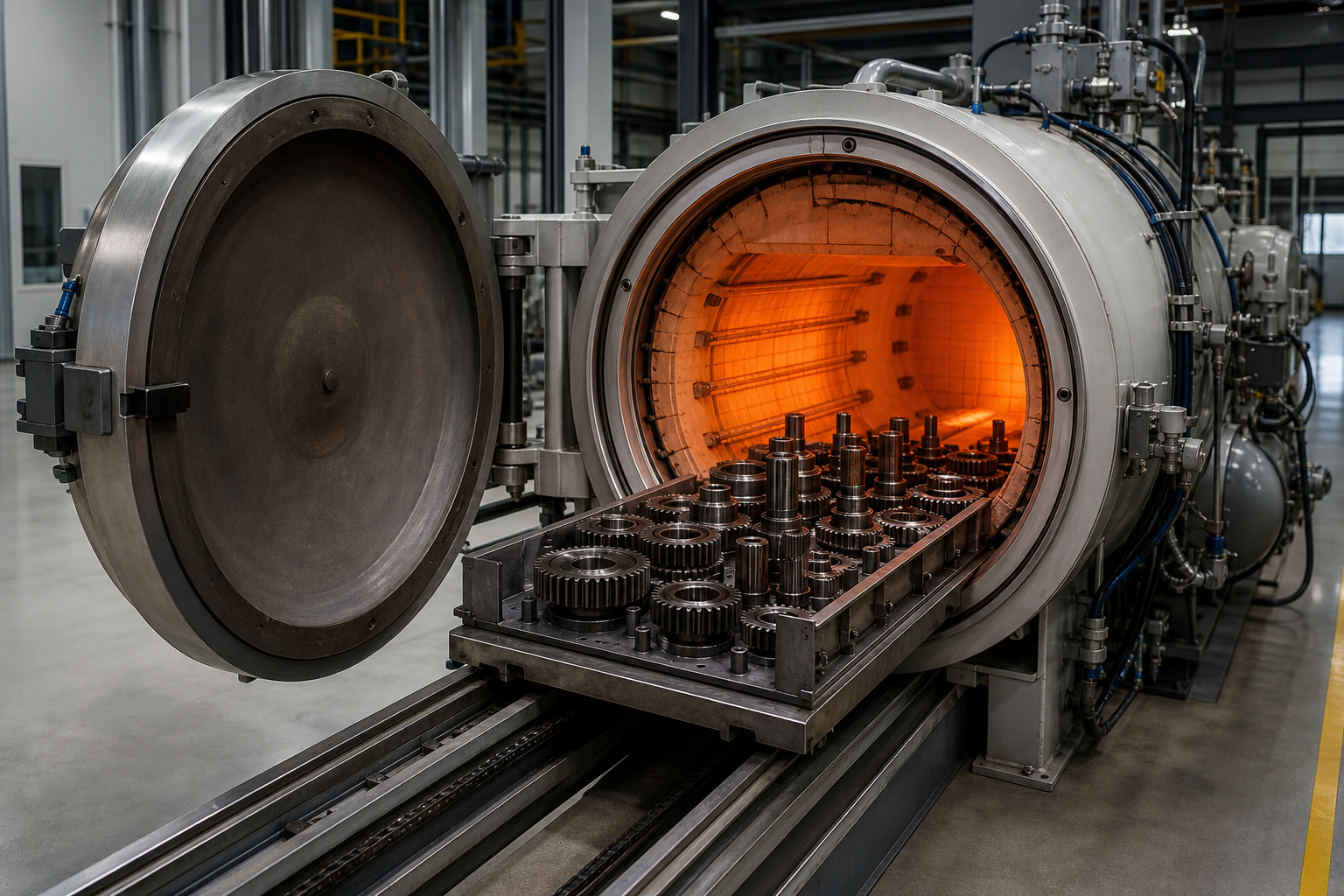 Precision steel gears and shafts loaded into a controlled industrial heat-treatment furnace