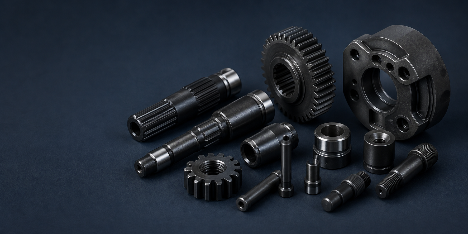 QPQ-treated black steel shafts, gears, bushings, pins, and a machined housing