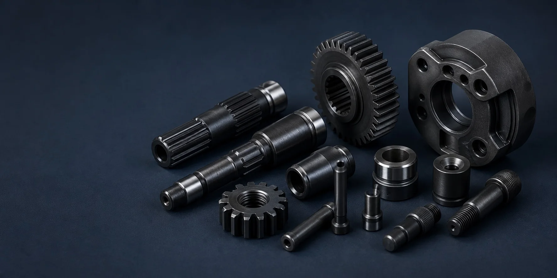 QPQ-treated black steel shafts, gears, bushings, pins, and a machined housing
