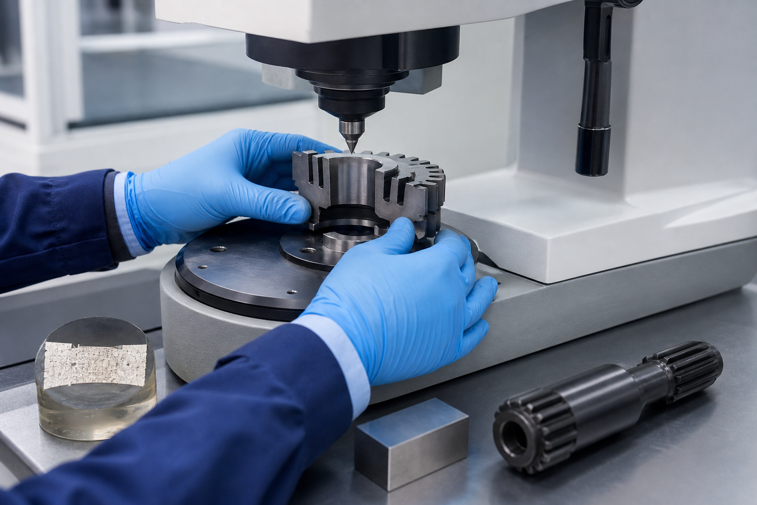 Gloved technician checking a sectioned steel gear with a microhardness tester