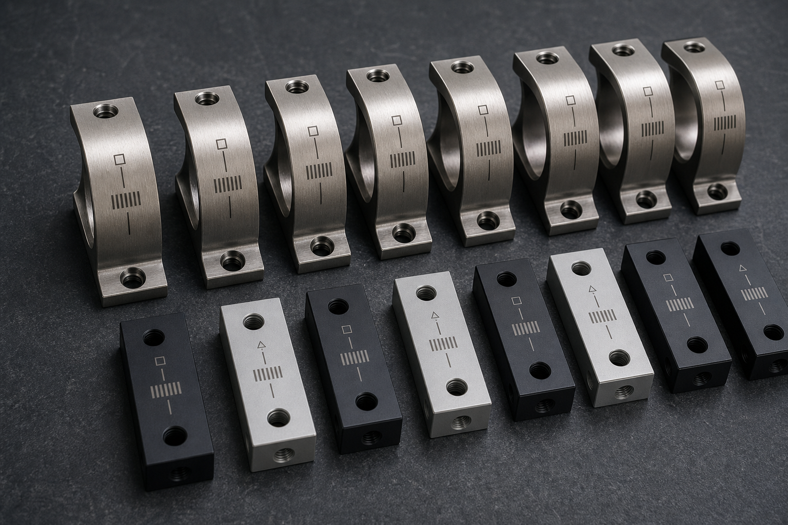 Orderly batch of metal brackets with consistent geometric laser markings