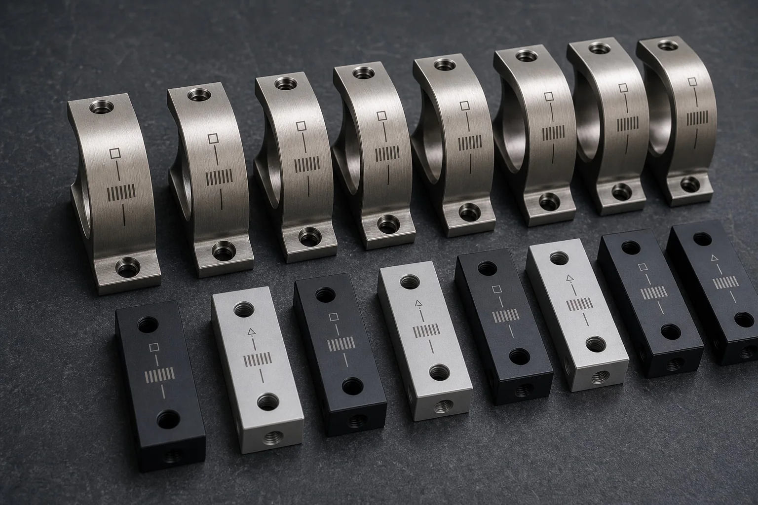 Orderly batch of metal brackets with consistent geometric laser markings