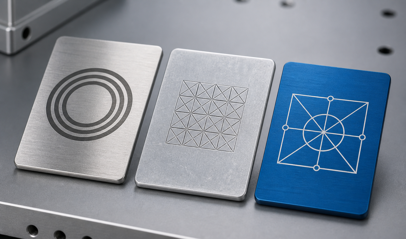 Three metal sample plates showing annealing, engraving, and coating ablation results