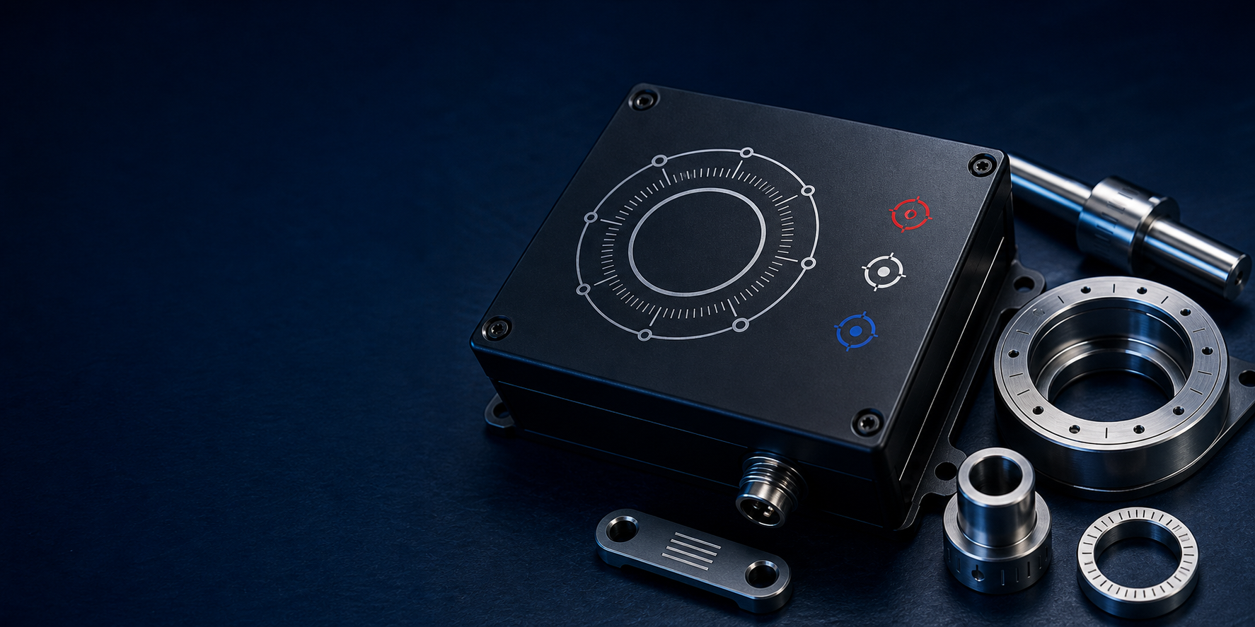 Black anodized control enclosure with laser markings and multicolor printed symbols