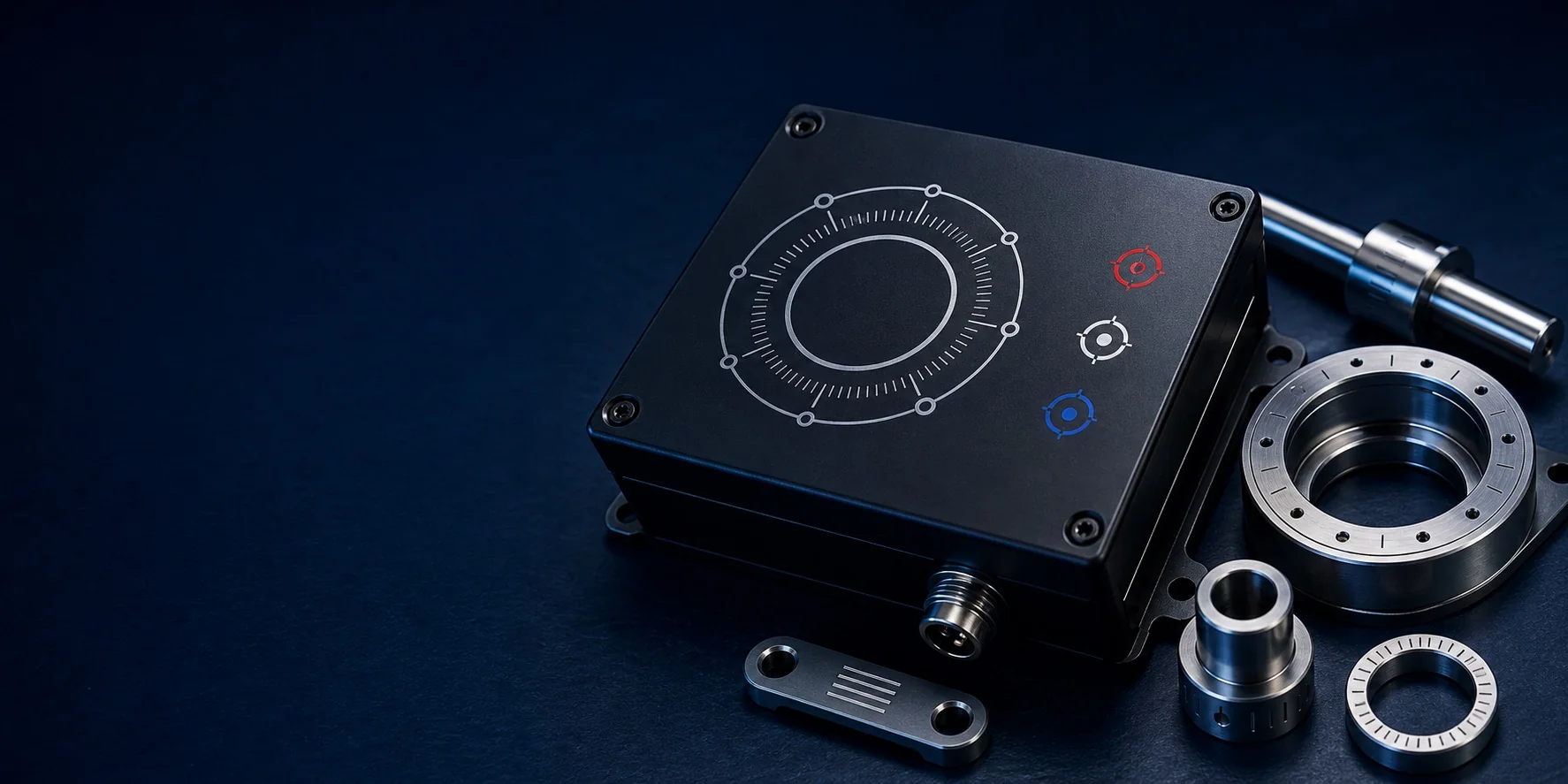 Black anodized control enclosure with laser markings and multicolor printed symbols