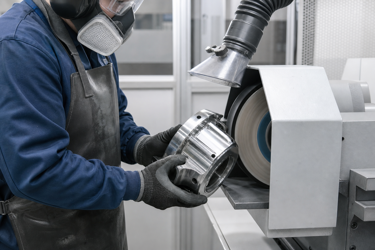 Operator polishing a machined stainless steel housing at a guarded wheel with local extraction