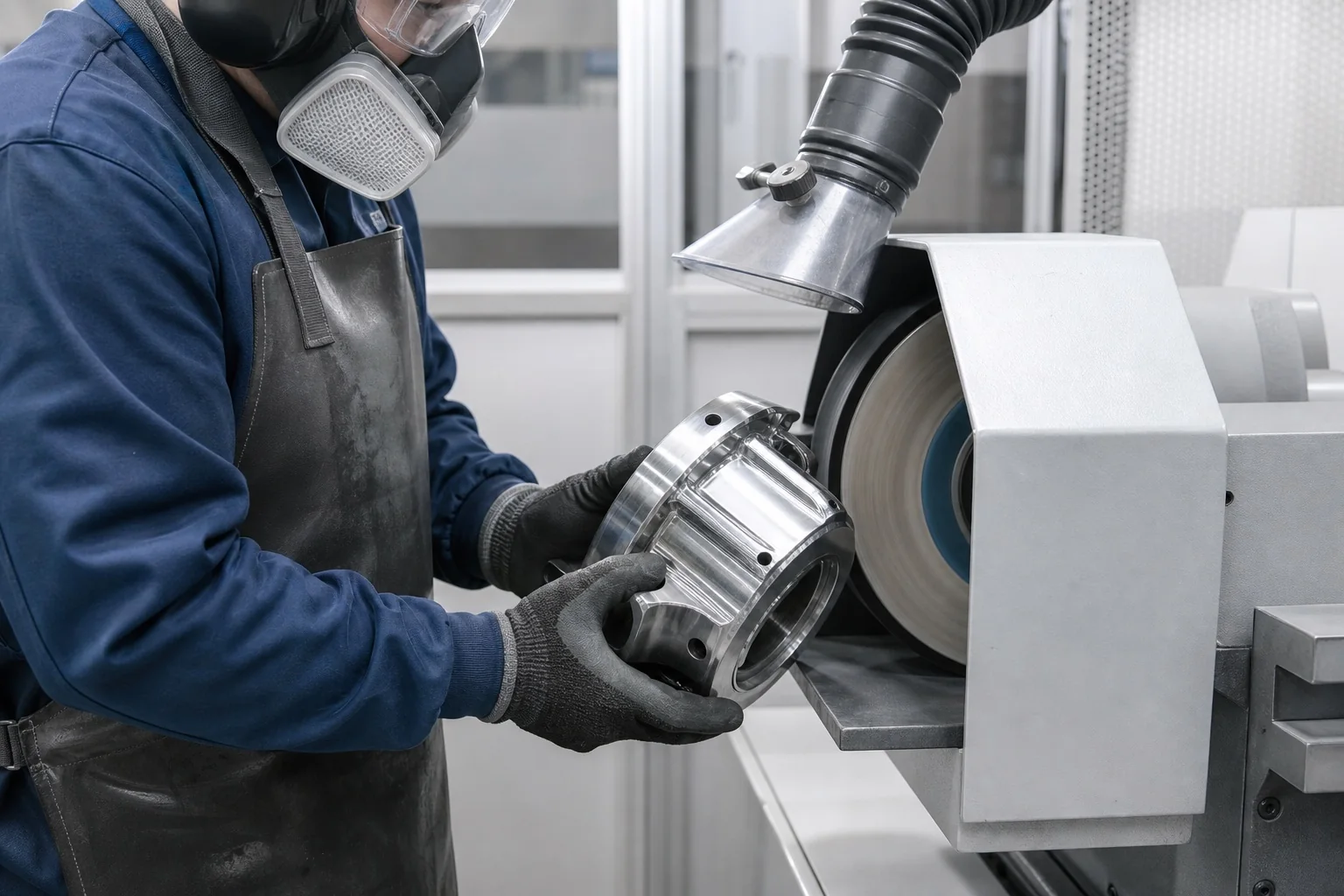 Operator polishing a machined stainless steel housing at a guarded wheel with local extraction